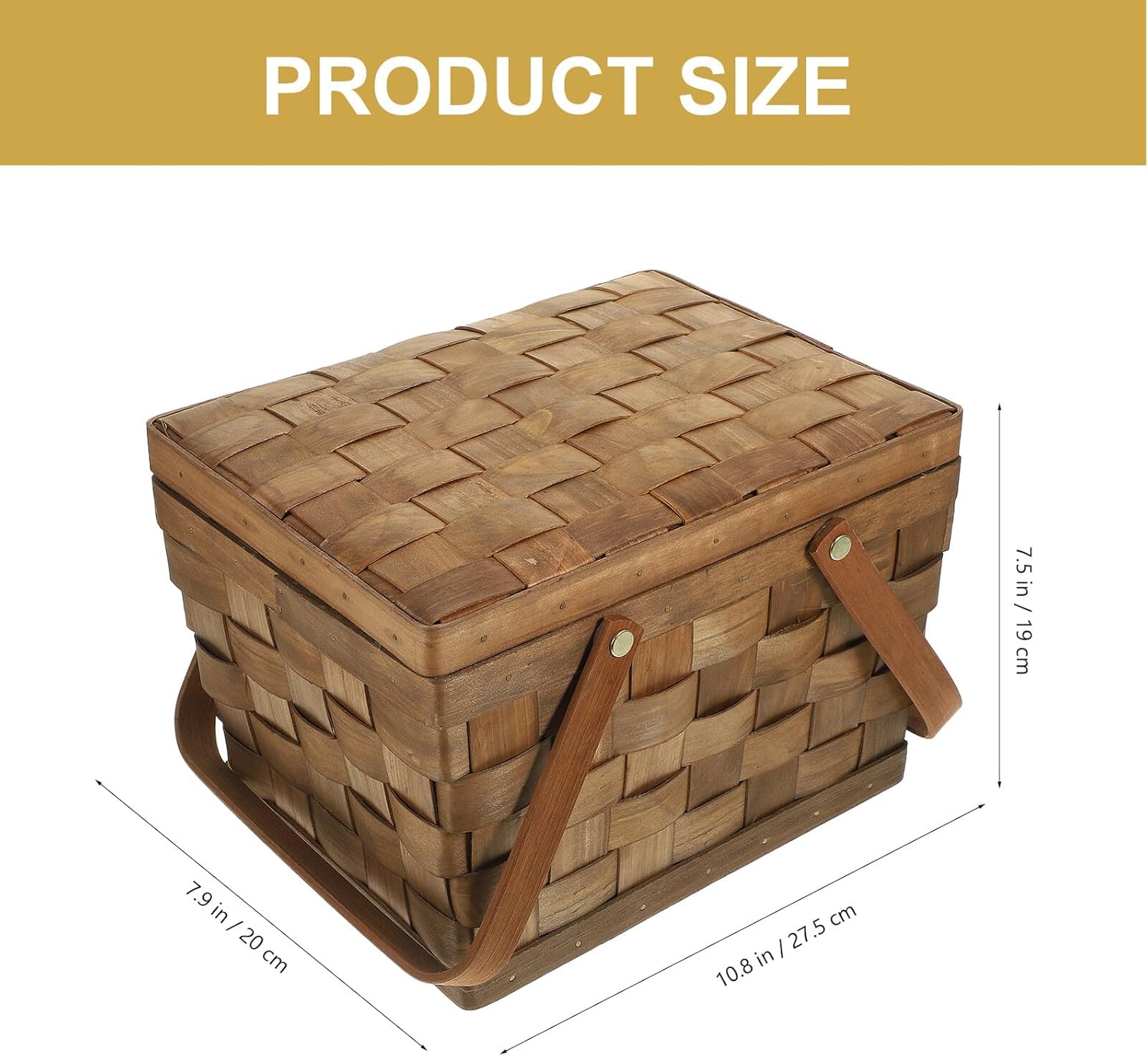 Luxshiny Wooden Woven Picnic Basket with Lid Double Handles Dark Color Multi-Purpose Outdoor Fruit and Food Storage Basket for Garden Gathering and Home Decor