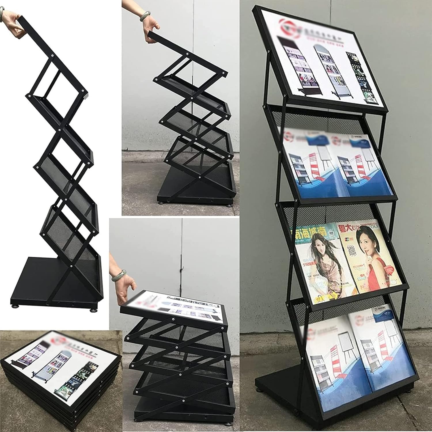 Présentoir de brochures de porte-revues pliable, support de littérature de catalogue en métal de grande capacité à 4 niveaux, for exposition de magasin de détail de bureau