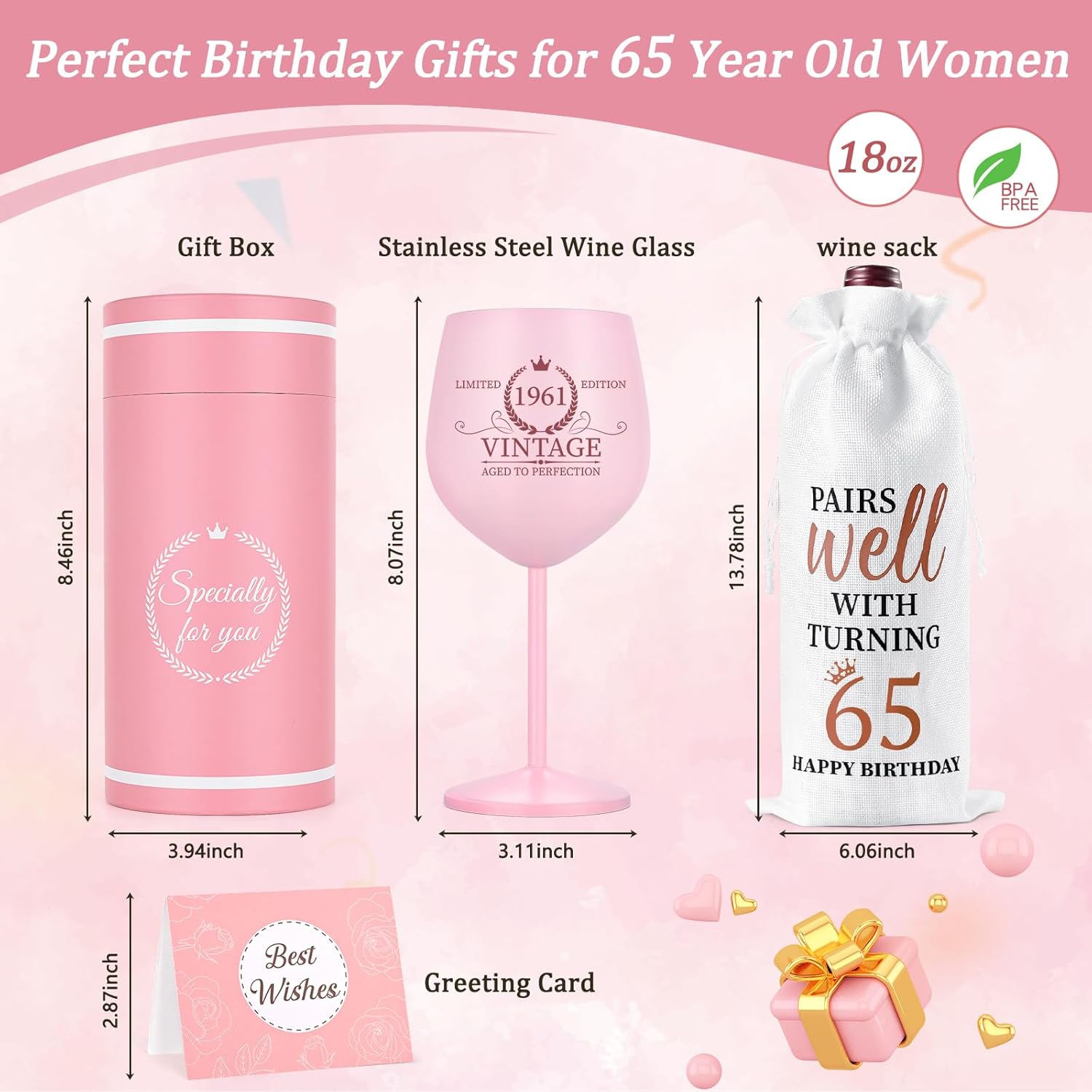 Lifecapido 65th Birthday Gifts for Women, Vintage 1961 Stainless Steel Wine Glass with Wine Bag and Card, 65th Birthday Decorations for Women, 65 Year Old Birthday Gifts for Grandma Mom Aunt Wife - Image 7
