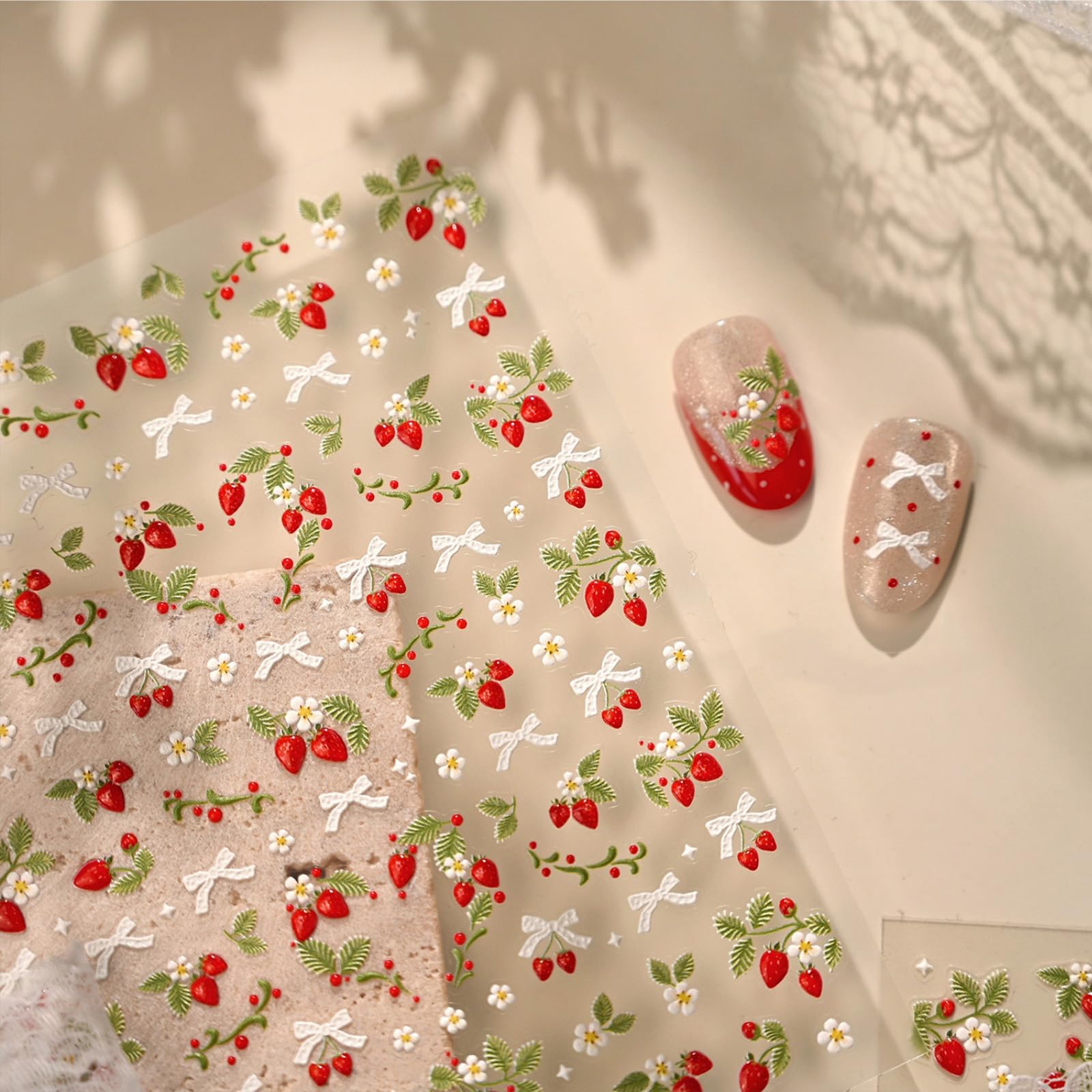 Strawberry Nail Stickers Bow Nail Art Stickers with Jelly Design Cute Nail Decals for Nails Art 5D Embossed Spring Summer Self Adhesive Nails Charms Supply for Women Manicure DIY Decoration 1 Sheets