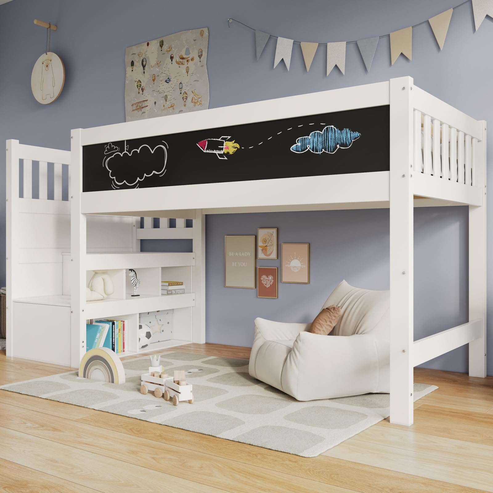 Sweiko Kinderbett Loft 90 x 200 cm, Bettrahmen mit Whiteboard und Tafel, Kinderbett mit Aufbewahrung und Fallschutz, Kinderbett mit Latten : 