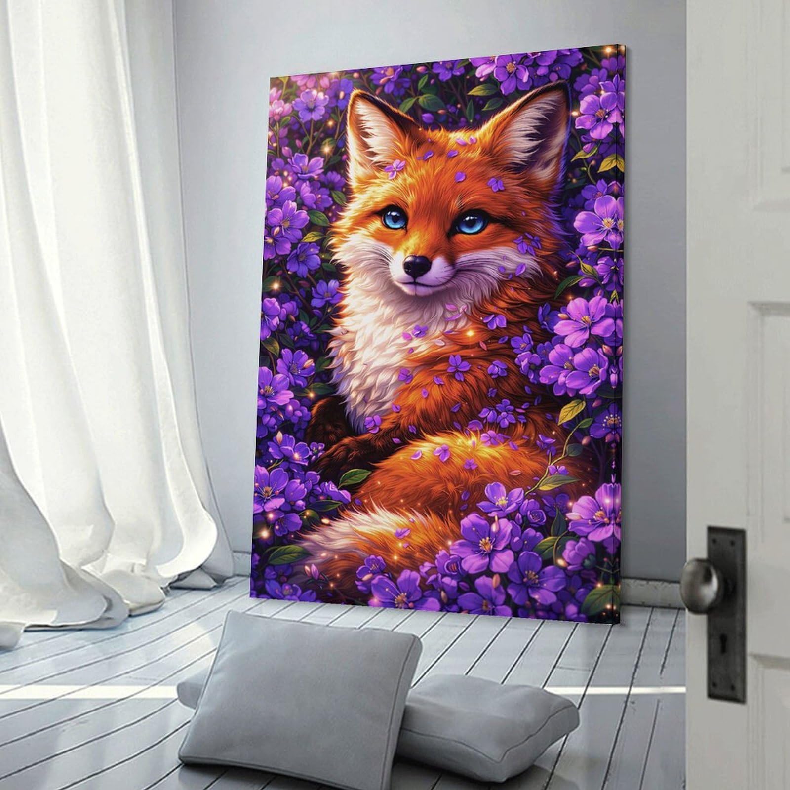 Junmoney Frame-Style-3 Fox Among Lavender Blooms Decorative Wall Artwork, 24X36inch(60X90cm), For Home Lounge, Bedroom Or Reading Nook, Easy Decor For Gallery Walls