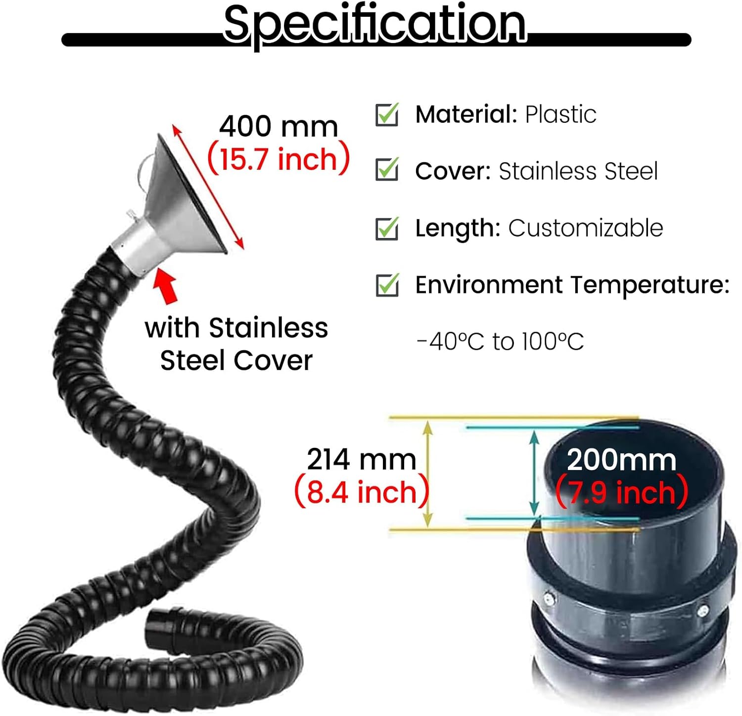 3.3 FT Flexible Air Extractor Duct Arm, 200MM Welding Fume Collector Hose for HVAC, Woodworking & Lab Use, Adjustable Bend & Secure, 3-Piece Set for Optimal Airflow