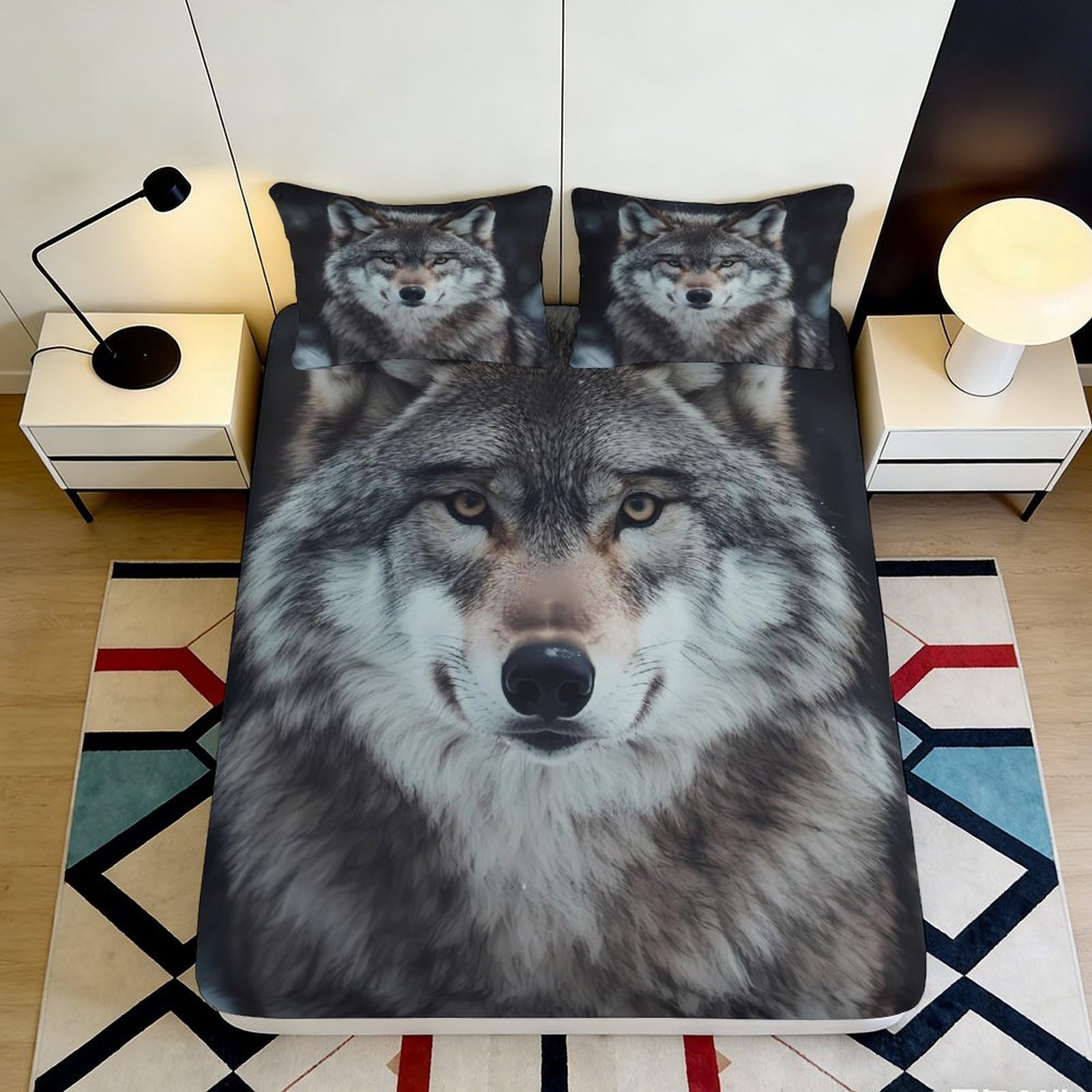 3D Printed Wolf Pattern Fitted Sheet Microfiber Soft Breathable Wolf Face Bed Cover for Bedroom Dormitory Guest Room Mattress Protection Decor 120x200x25cm