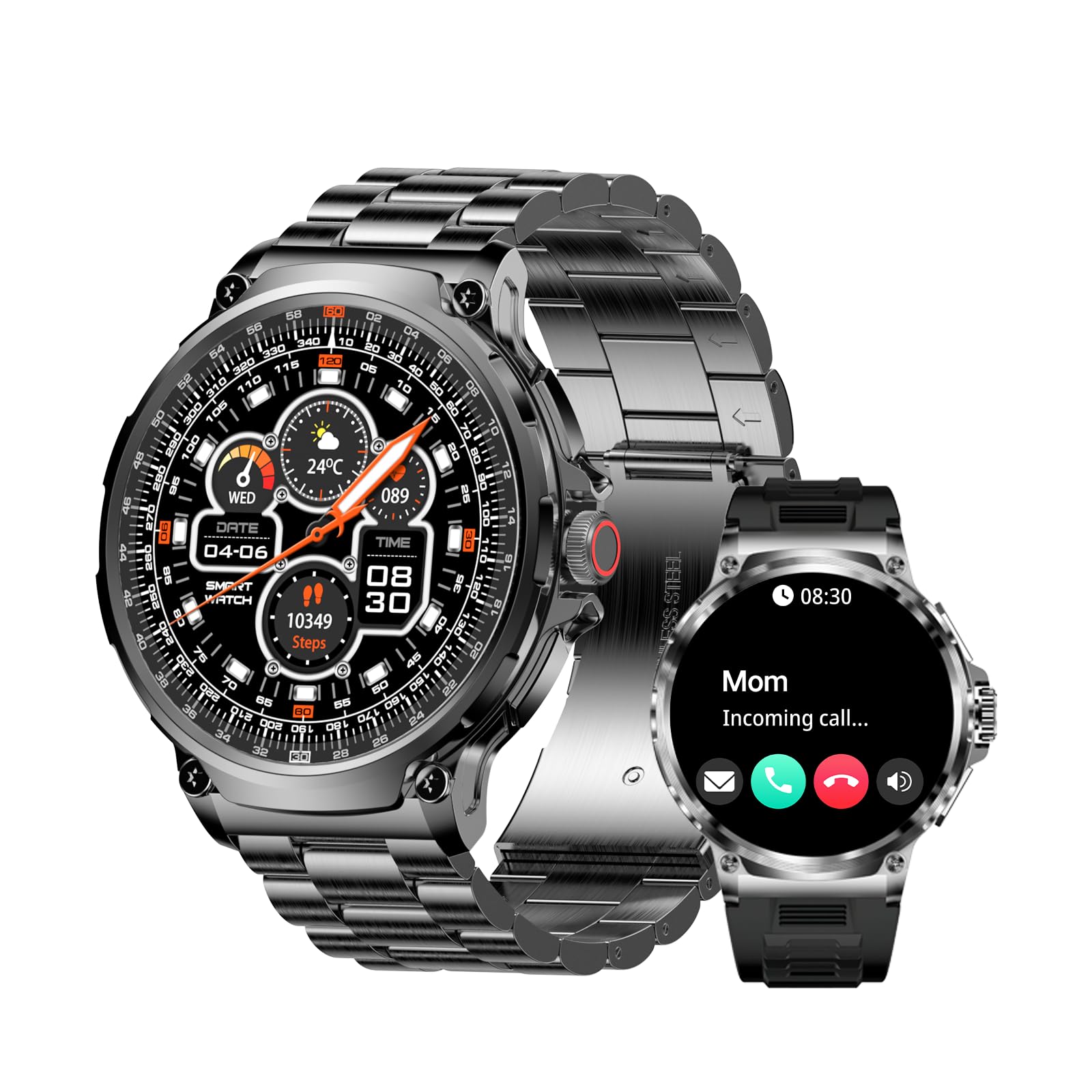 Smart Watch with Heart Rate Monitor, Sleep Tracker, Fitness Tracker and Call Function, 1.85" Touch Screen, Stainless Steel and TPU Bands