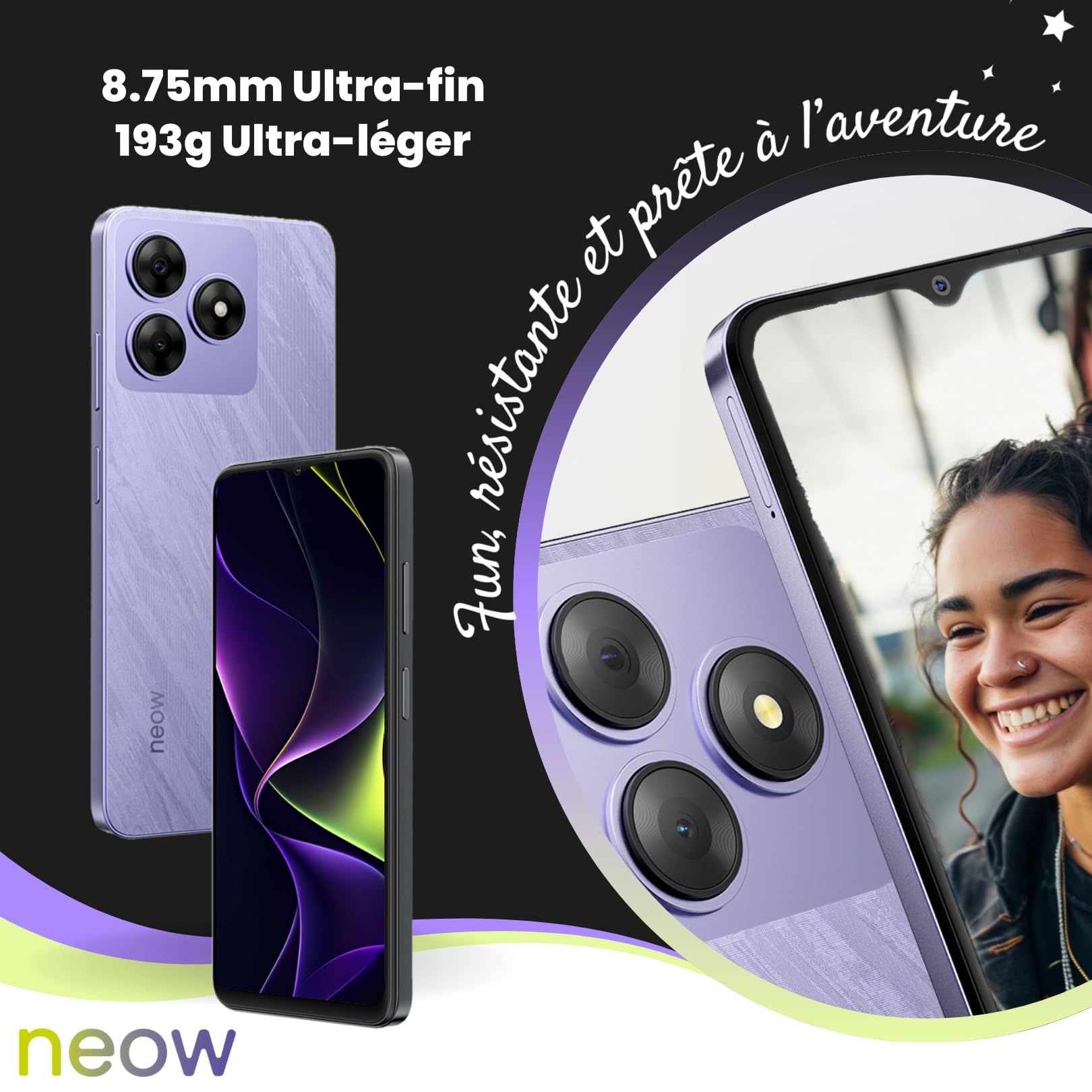 Neow Safe (Smartphone pour Adolescent - 6.6'' - 64 Go, 3 Go RAM) Noir