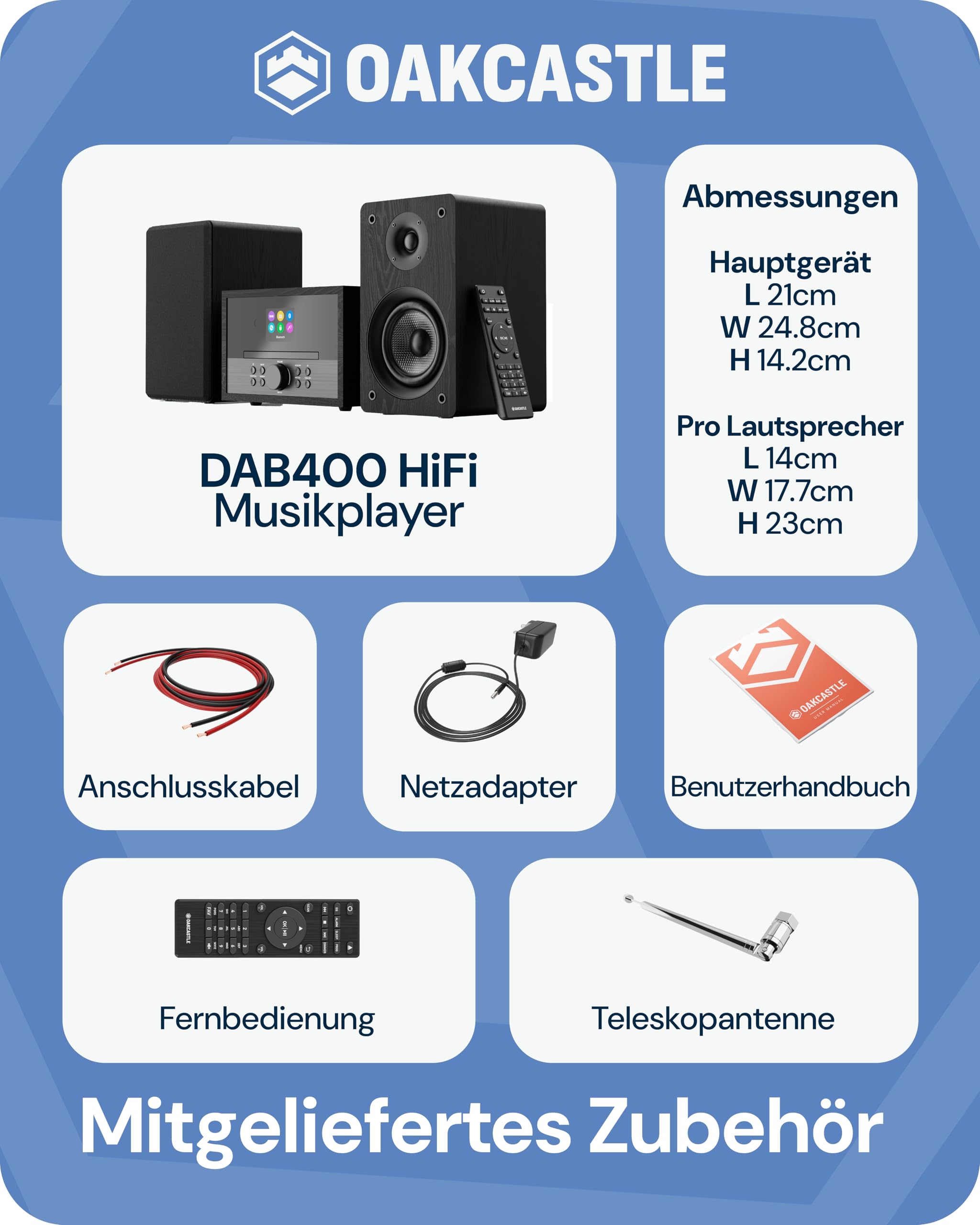 OAKCASTLE DAB400 HiFi DAB Radio mit CD Player | 60W 2.0 Stereoanlage | UKW Radio HiFi Anlage mit Bluetooth 5.2 | Kompaktanlagen mit Farbdisplay & Inklusive Fernbedienung | Mini Musikanlage CD Spieler