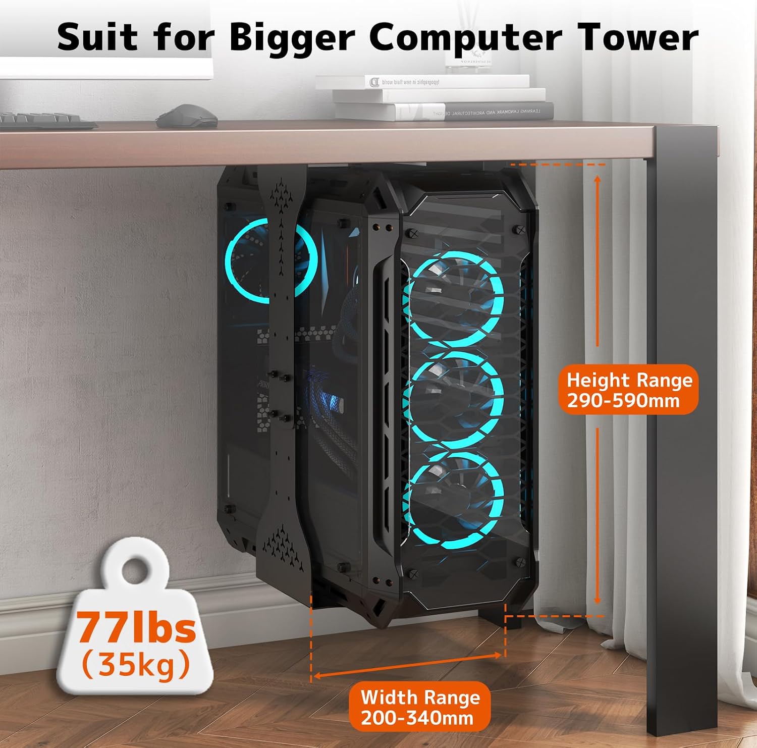 A computer tower securely mounted under a desk, showing the mount's adjustable width and height and overall appearance.