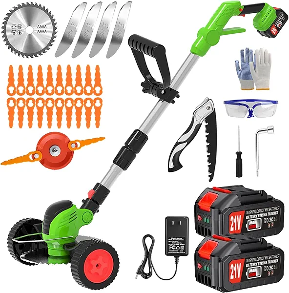 Electric Cordless Weed Wacker Eater Battery Powered,21V/4.0Ah Lightweight No-String Weed Trimmer with 2 Battery Operated& Wheels,3 in 1 Stringless Grass Trimmer/Edger/Brush Cutter for Garden Yard Lawn