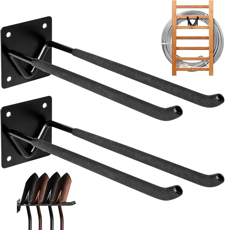 2Pcs Shovel Holder Wall Mount, Ladder Hangers, Rake Racks, Large Garden Tool Hook Organizers, Heavy Duty Garage Utility Hooks for