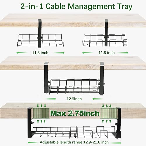 Miniatura 2 de 2 Pcs Extendable Under Desk Cable Management TrayHaootadiy No Drill Cable Tray with Clamp,Desk Cable Tray with Wire Organizer and Desk Cord