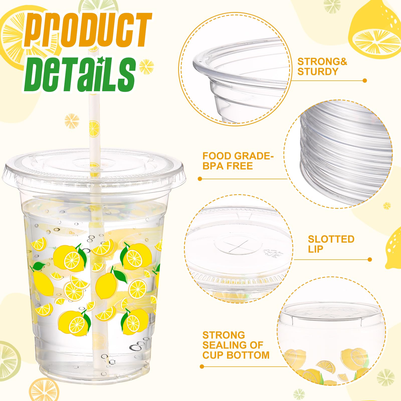 Yungyan 50 Sets Lemon Theme Party Plastic Cups with Lids and Straws 16 oz Coffee Juice Drinking Cups for Birthday Baby Shower Party Supplies