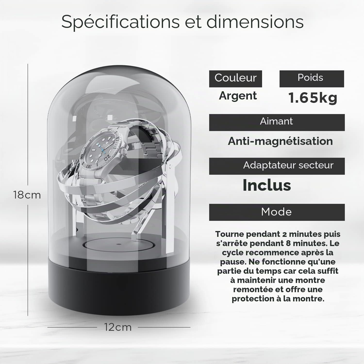 Elestoria Remontoir de montre Orbit - Remontoir de montre automatique avec couvercle en verre | Moteur silencieux, rotation gyroscope, boîte de remontoir mécanique de luxe, Argenté, Rétro