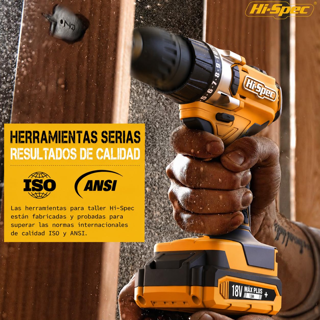 Hi-Spec Kit de Herramientas con Taladro Atornillador 18V, Amarillo | 30 piezas, vasos, destornillador, brocas para madera y metal, alicates y martillo en maletín, uso diario