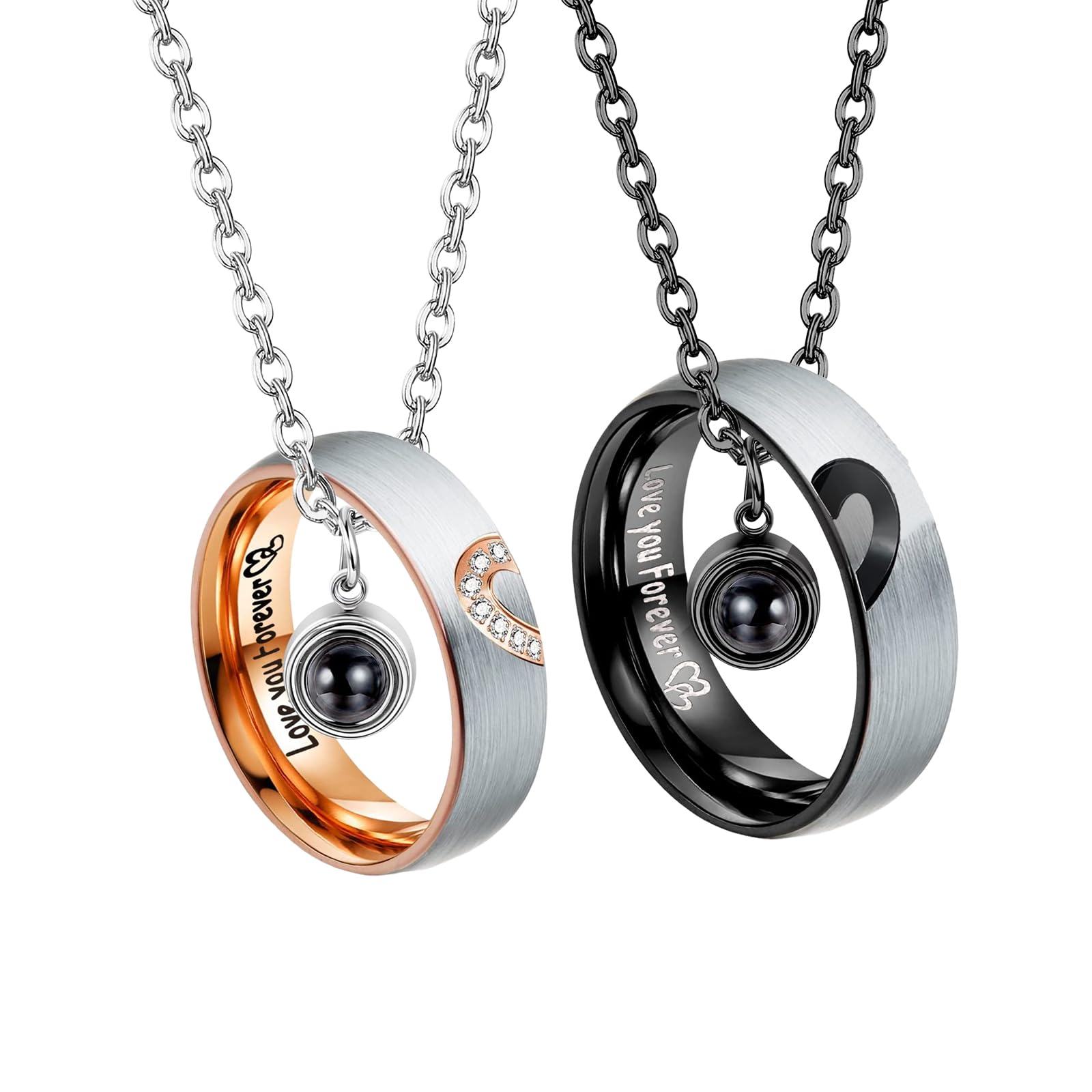 Coppia Di Collane Con Anello In Acciaio Inox 316L – Personalizzabili Con Incisione, Per Lui E Lei, Con Zirconi - 3