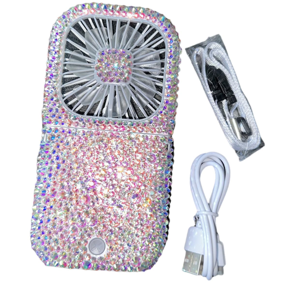 Customized Mixed Rhinestone Rechargeable Mini Handheld/Hanging Portable Usb Battery Operated 3000MA Power Bank Folding Personal Fan for Girls Camping Travelling Outside Indoor Office