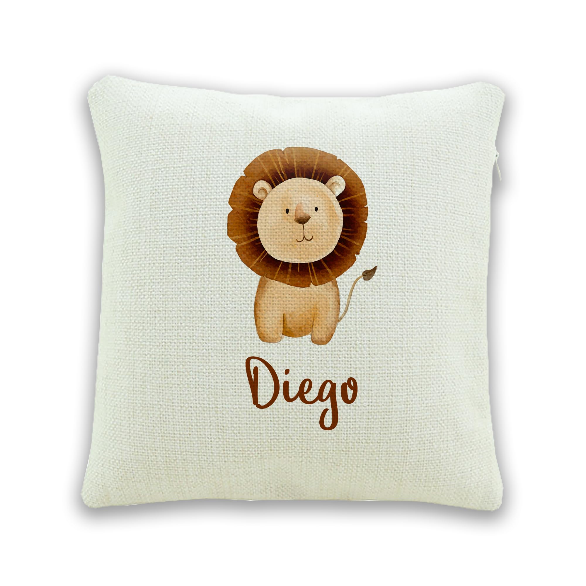 Funda de Cojín Infantil Personalizada con Nombre | Animales de la Selva 4 Diseños - León, Jirafa, Elefante, Cocodrilo - Símil Lino, Safari, 40x40, SarAgu