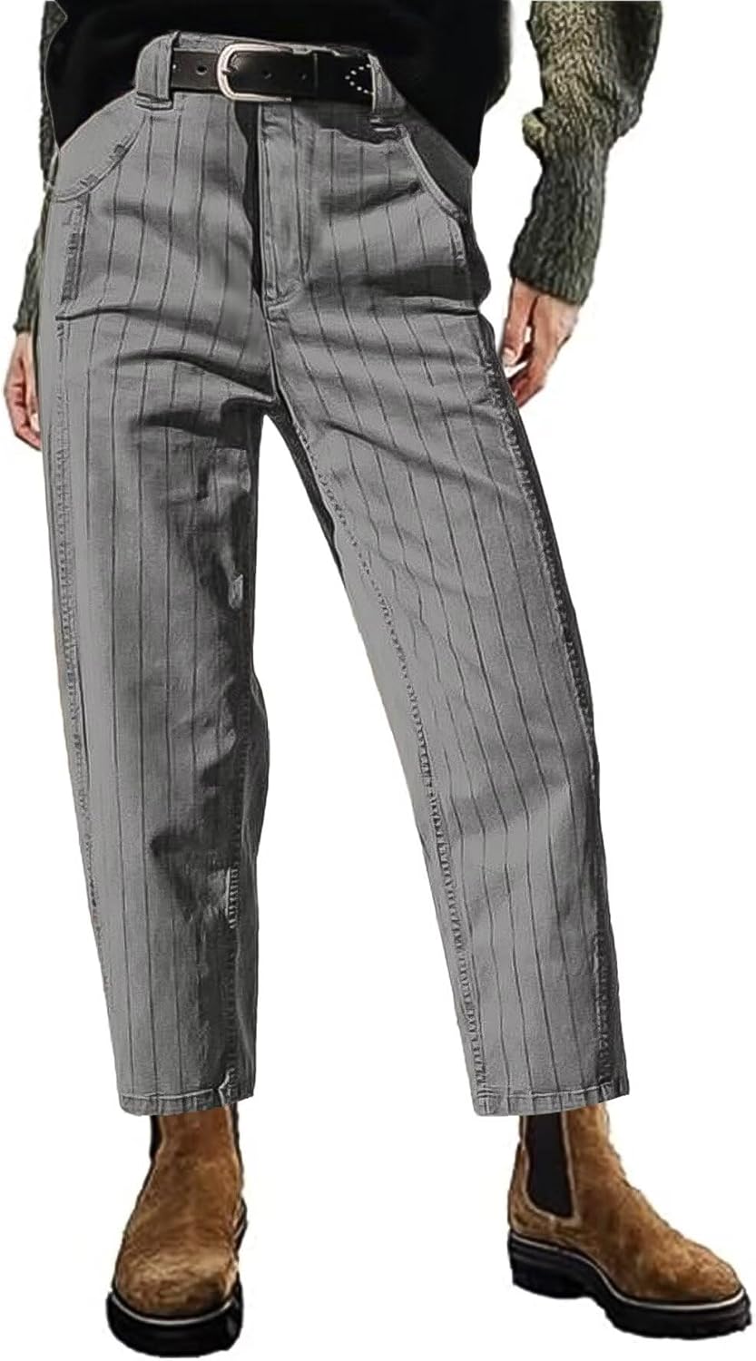 Flamingals Straight Leg Mid Waist Vintage Cropped Stripe Barrel Stretchy Jeans Without Belt