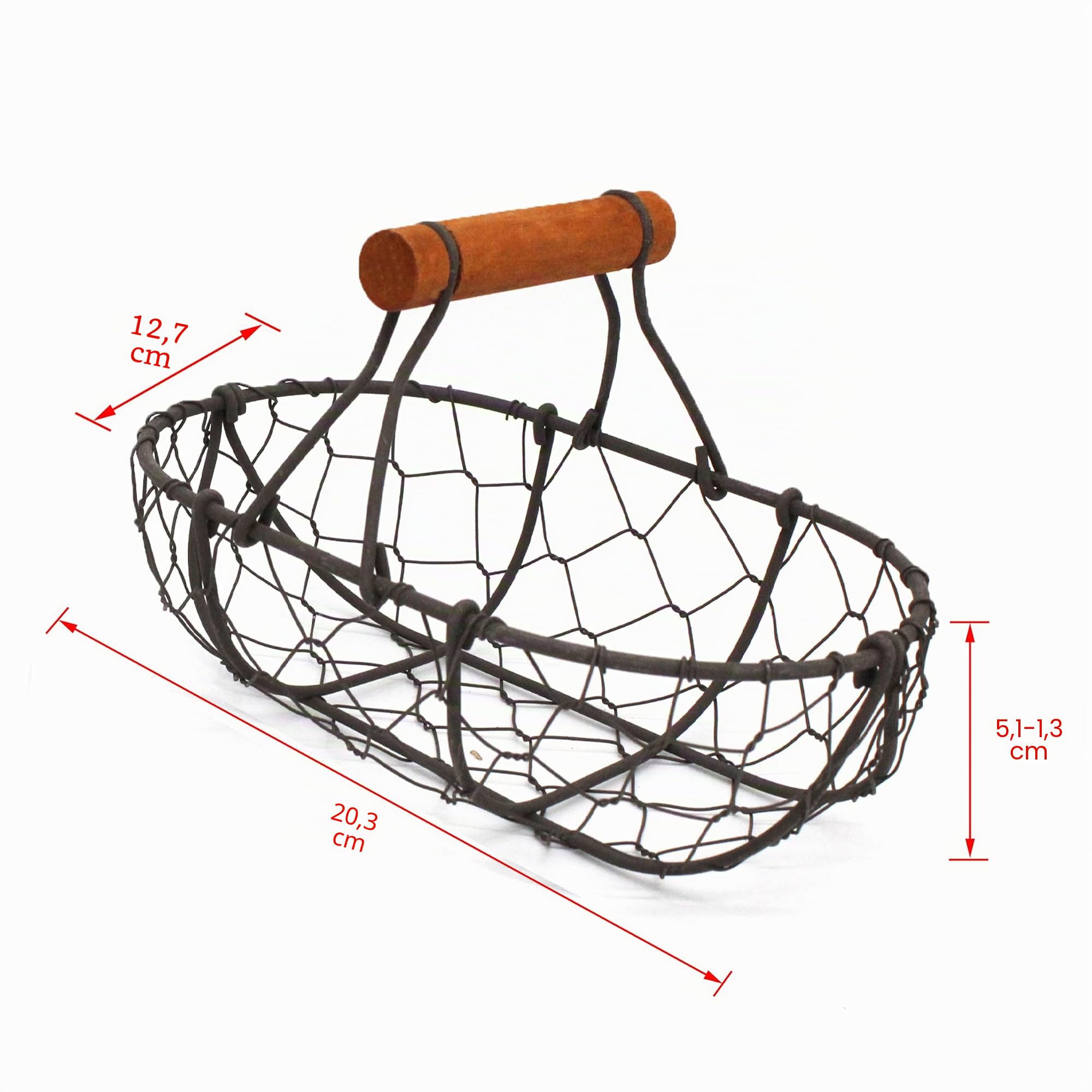 CVHOMEDECO. Cestas ovaladas para huevos de alambre de gallinero Cestas de recolección de óxido con asa de madera Cestas de almacenaje de estilo country vintage. Juego de 2