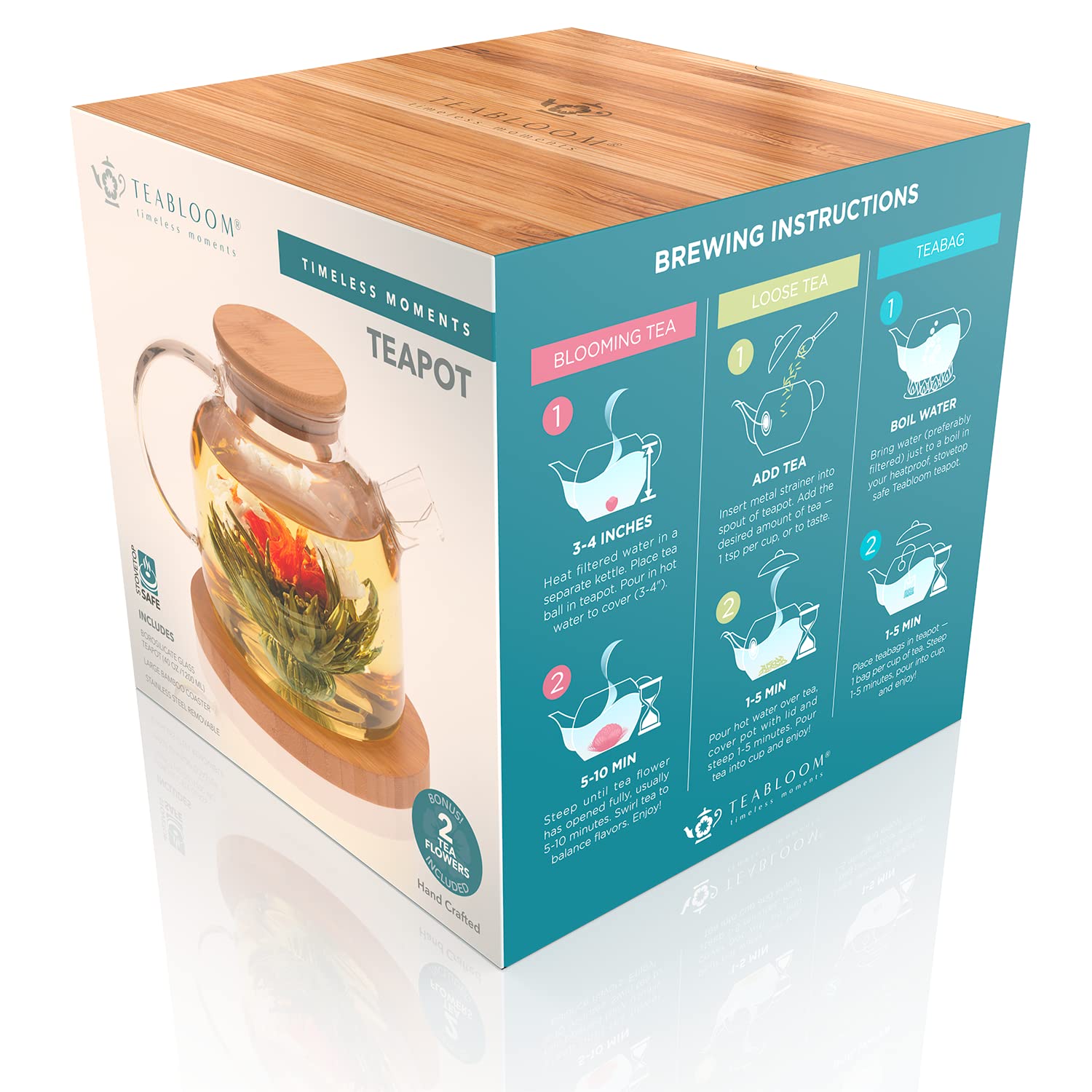 Teabloom Teekanne aus Glas mit Bambusdeckel (1200 ml), Teefilter für lose Teeblätter, 2 Teeblumen, großer Bambus-Untersetzer – Geschenkset mit natürlich blühendem Tee – zeitlose Momente