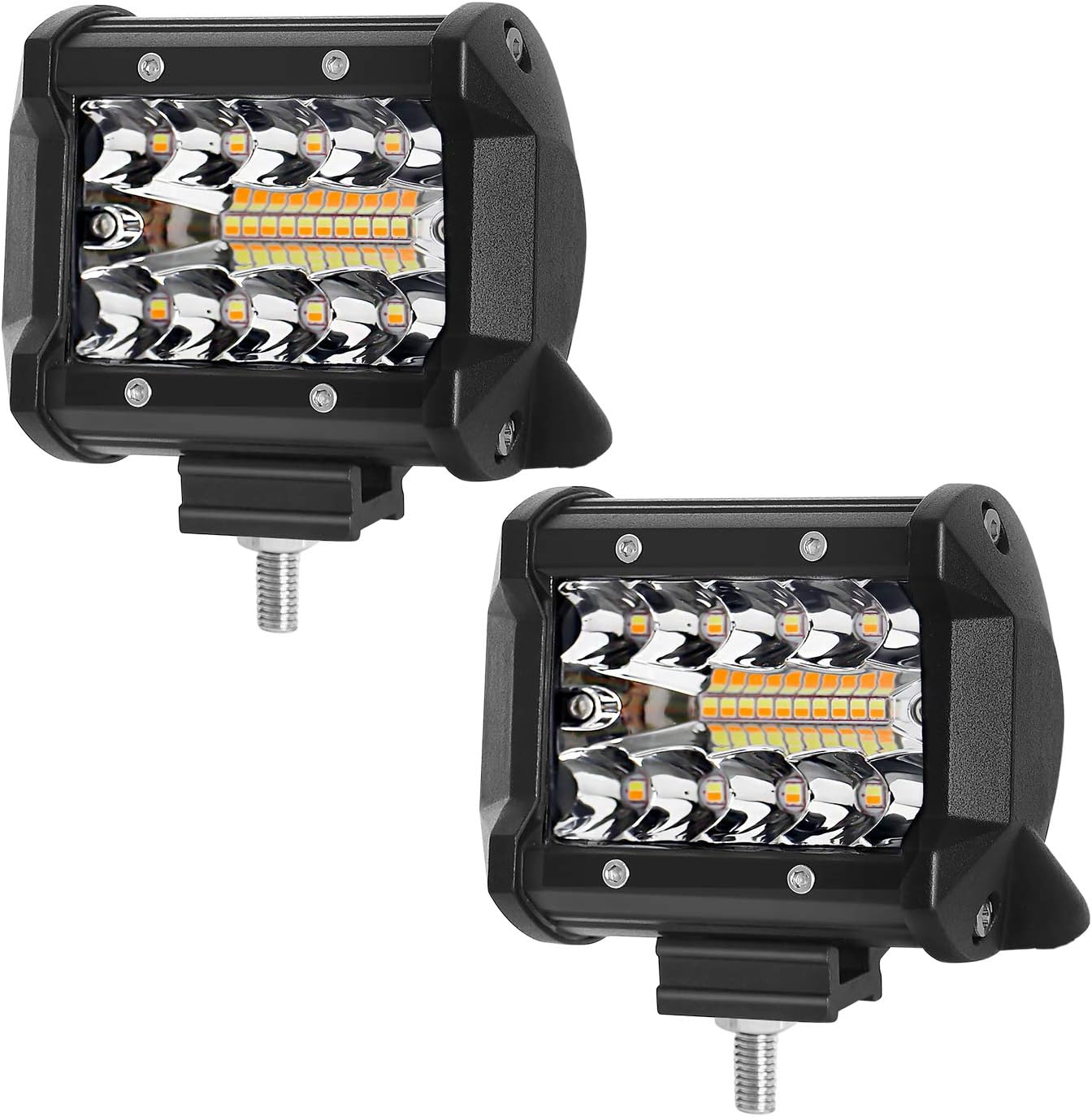Aaiwa LED Pod Lights with Wiring Harness, 4 Inch LED Light Bar Amber White Flash Light, 2PCS 12000LM Off Road Light Spot Flood LED Work Driving Fog Lights for Truck Pickup Jeep ATV UTV SUV Boat