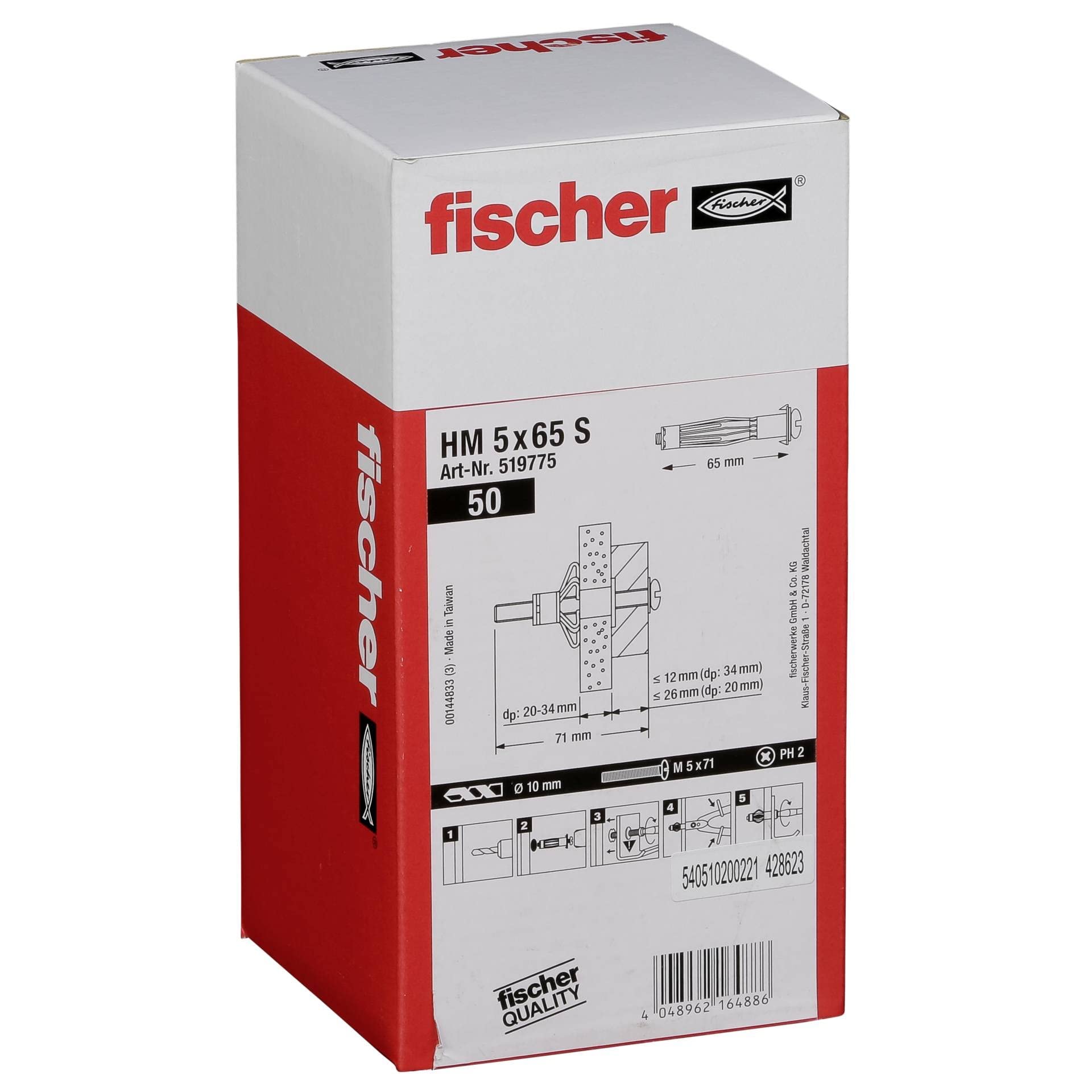 Fischer Tassello in metallo HM 5X65 S con vite metrica per lastre e pannelli, 50 pezzi