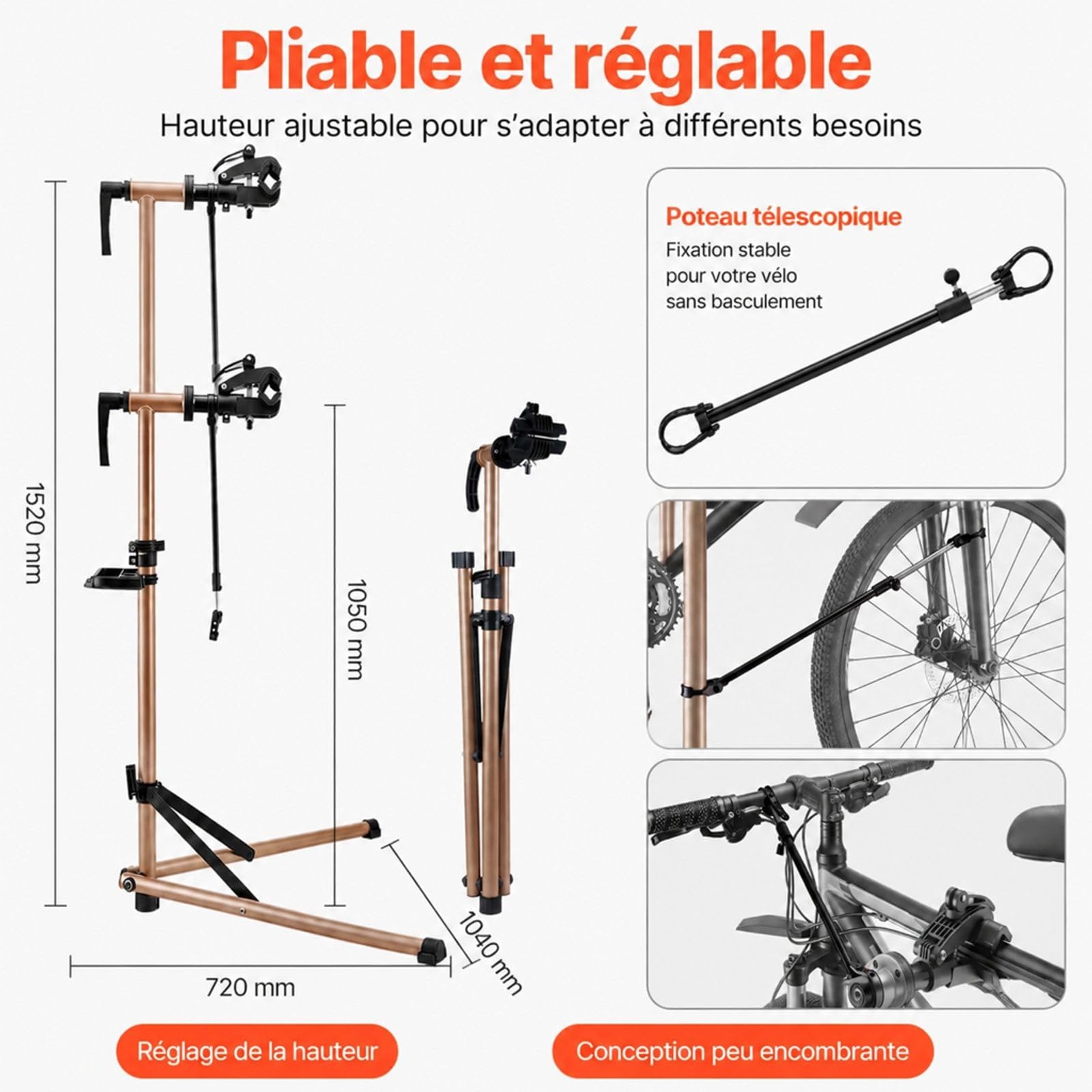 Pied d’atelier pour vélo avec support de réparation réglable et plateau à outils pour entretien de vélo