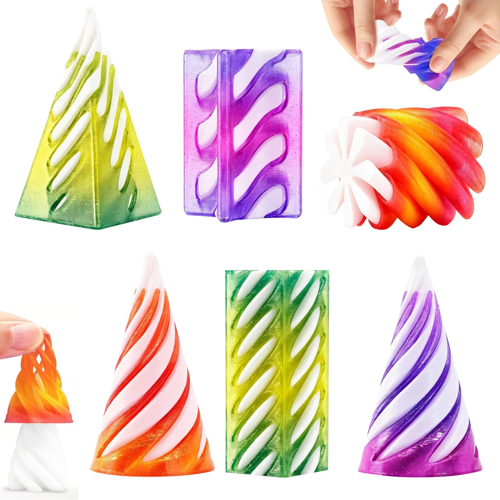 Spiral Cone Fidget Toy Set – 6 Pcs 3D Printed Fidget Toys for Adults – Candy Colors Stress Relief Desk Decor for Office, Travel & Focus Enhancement