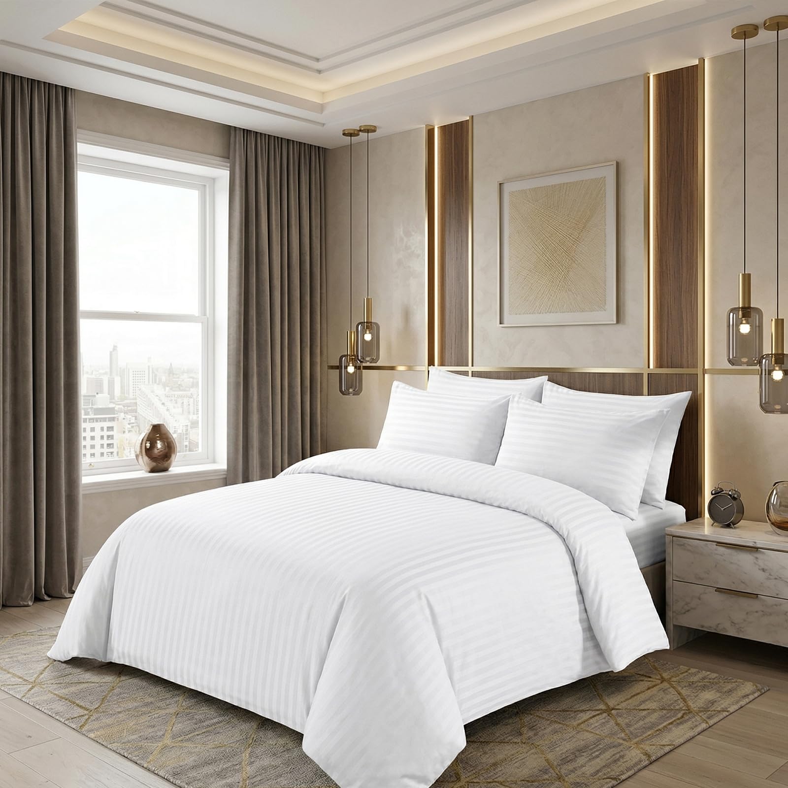 M&J Home 3 Piece Satin Stripe 200 Thread Count Duvet Cover Set White Double - Includes Duvet Cover & Pillowcase(s) — image 1