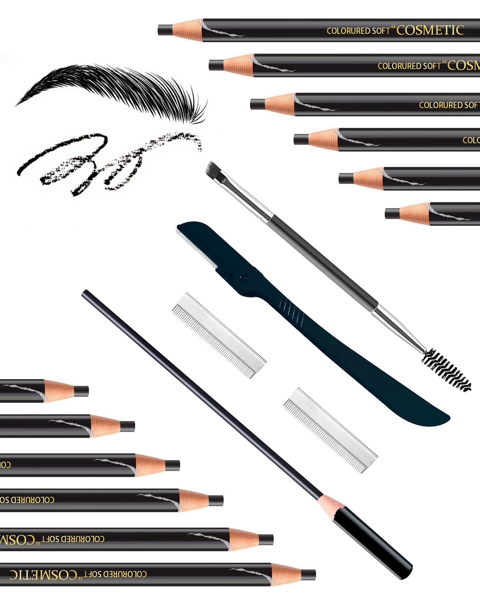 SUMEITANG 12 Piece Black Waterproof Eyebrow Pencils for Women w/Microblading Eyebrow Pencil & Brow Trimming Supplies Kit Permanent Eye Brow Liners Set