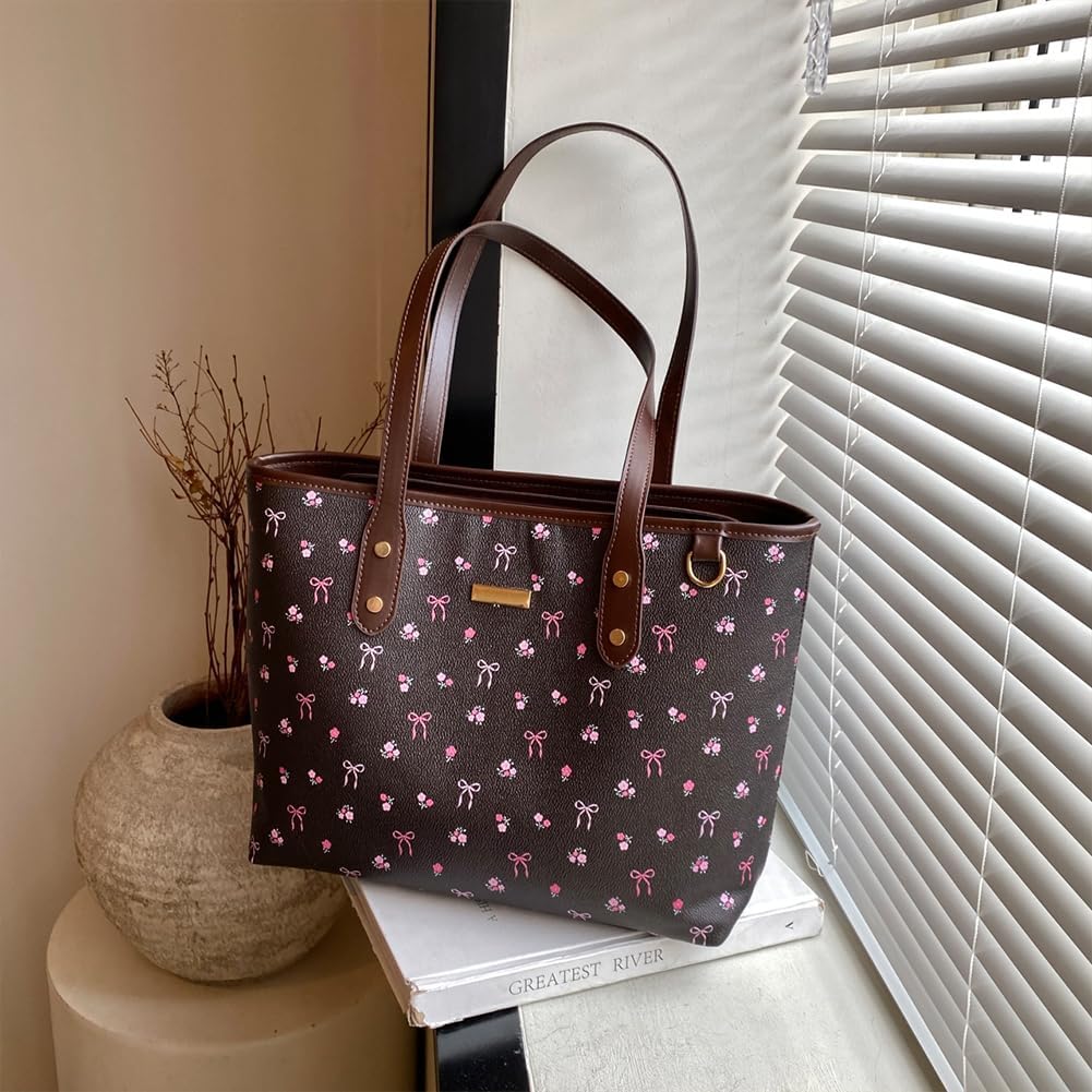 hibear Cherry Print Tote Bag for Women Bow Shoulder Handbag Trendy Faux Leather Top-Handle Bag with Cherry Accessories