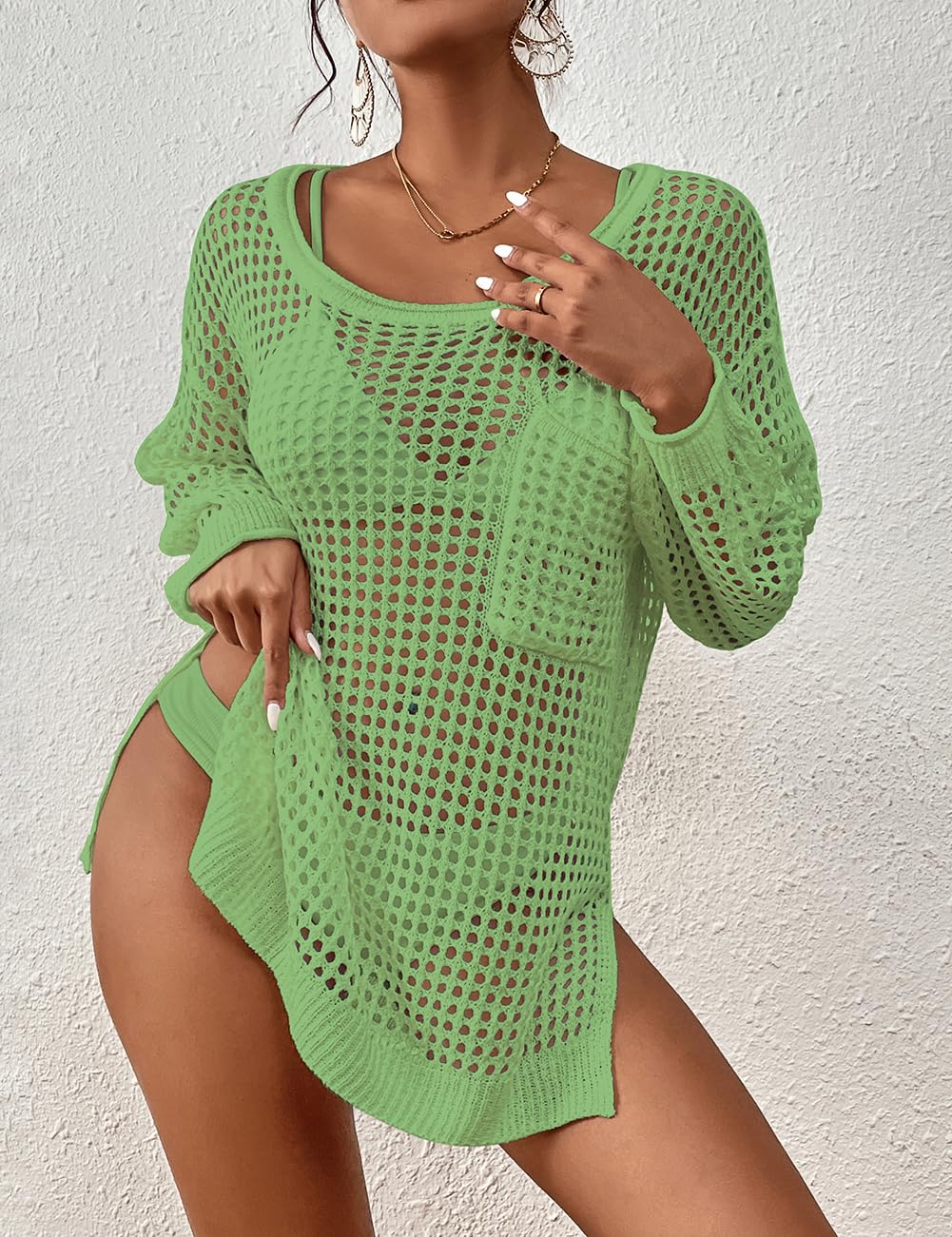 Bsubseach Crochet Cover Up for Swimwear Women Pool Swimsuit Coverup Long Sleeve Beach Knit Tops: Grass Green