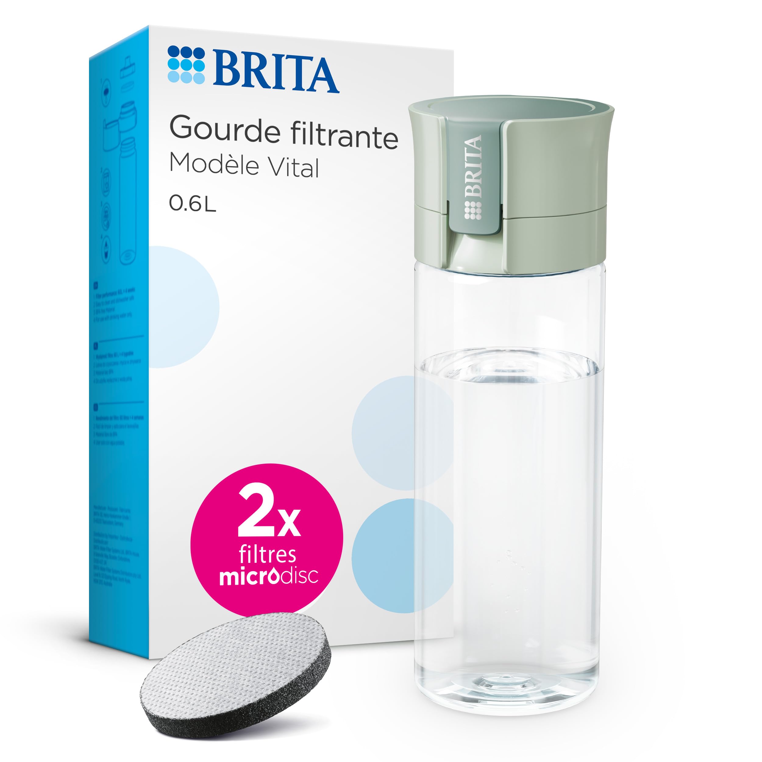 BRITA Bouteille Filtrante Vital 0,​6L Vert Clair Inclus 2 MicroDiscs
