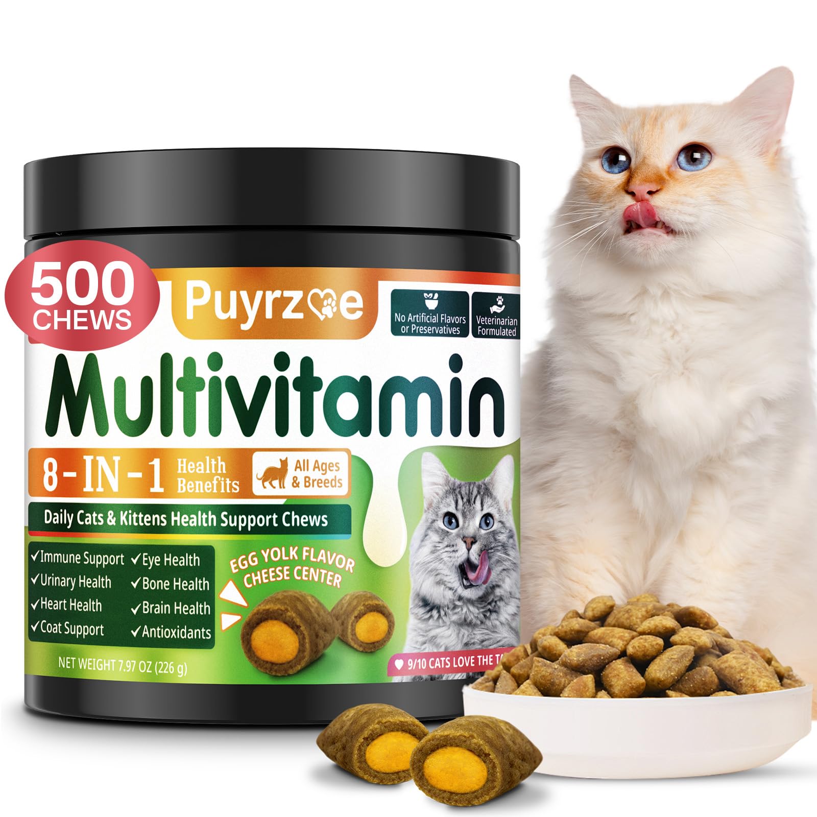 Puyrzoe 500 Cat Multivitamins Chews, Crunchy & Creamy Cheese Core