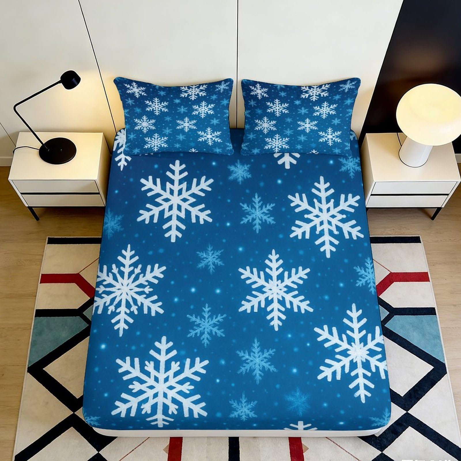 3D Printed Snowflake Fitted Sheet Microfiber Deep Pocket Non-Slip Bedroom Bedding Snowflake Mattress Fitted Cover Washable 160x200x25cm