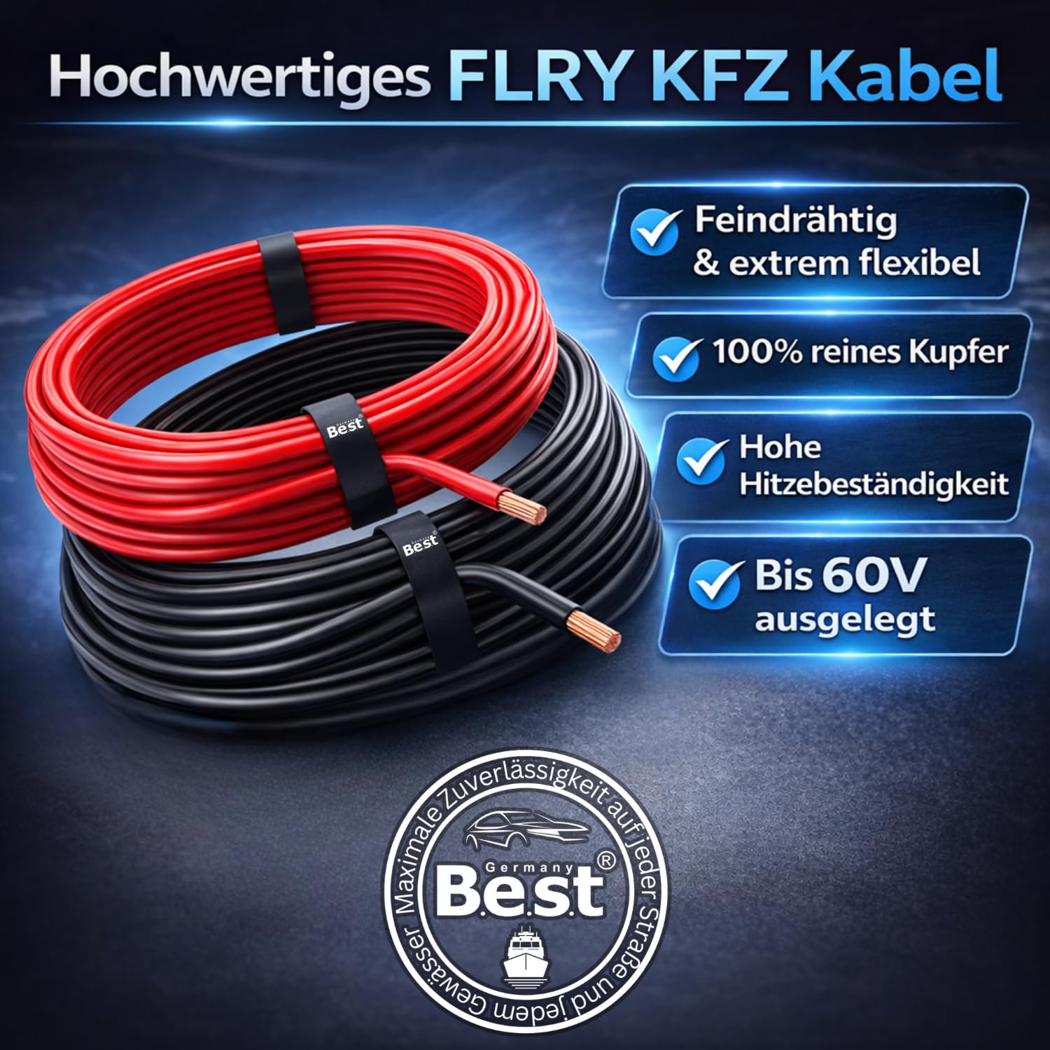 Fahrzeugleitung 6,00mm² 2x20m Rot/Schwarz FLRY-B Set 100% Vollkupfer – Fahrzeugleitung als Ring – Auto Stromkabel bis 60V – Flexible Litze für PKW, LKW, Motorrad, Wohnmobil, Auto HiFi, Bordelektrik