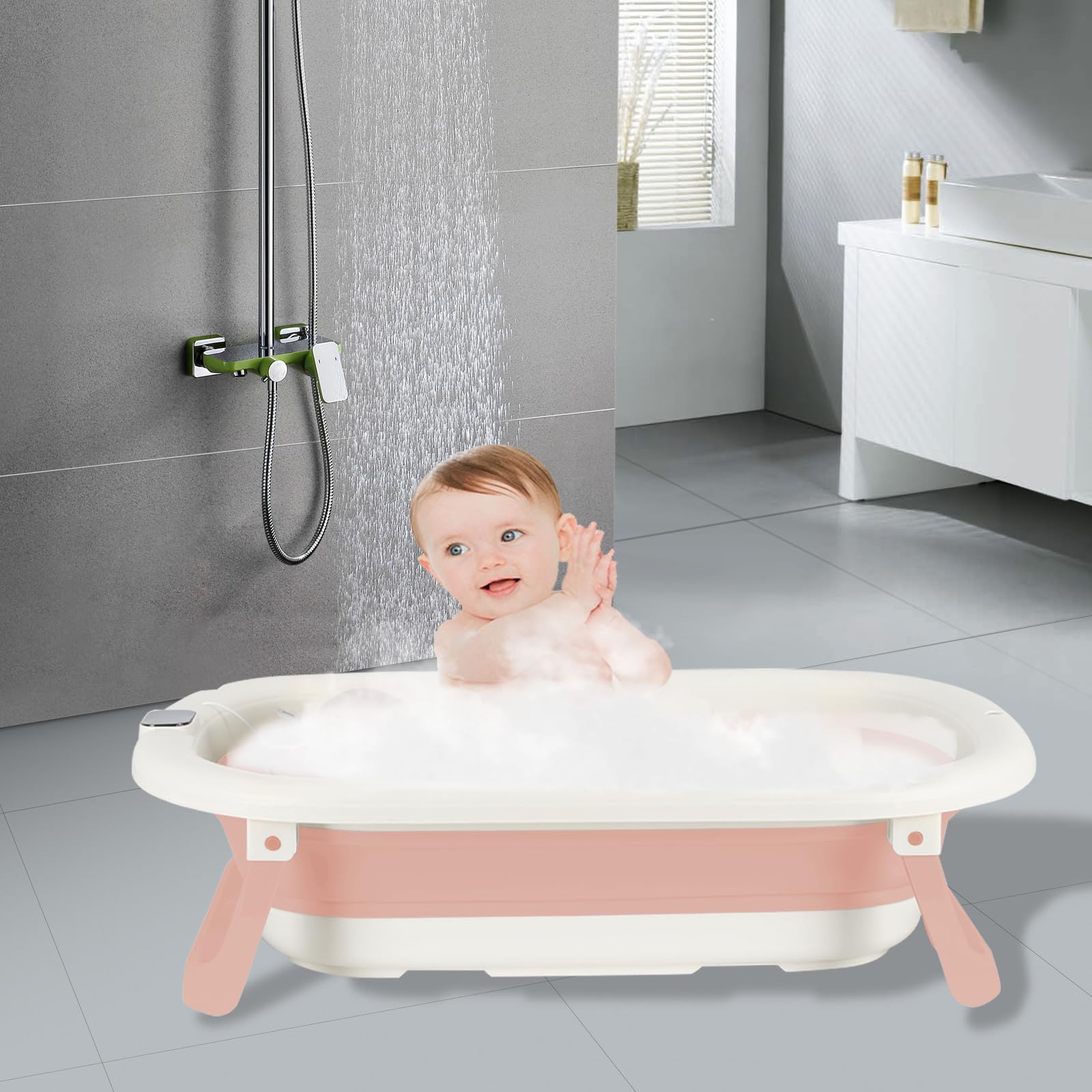 Bañera Bebe Plegable con Termómetro, Cojines de Ducha, Toma de Ducha, Ventosa Antideslizante, Bañera Plegable Bebé para Recién Nacido, 0 a 24 Meses (Rosa, 43x71x18.5cm)