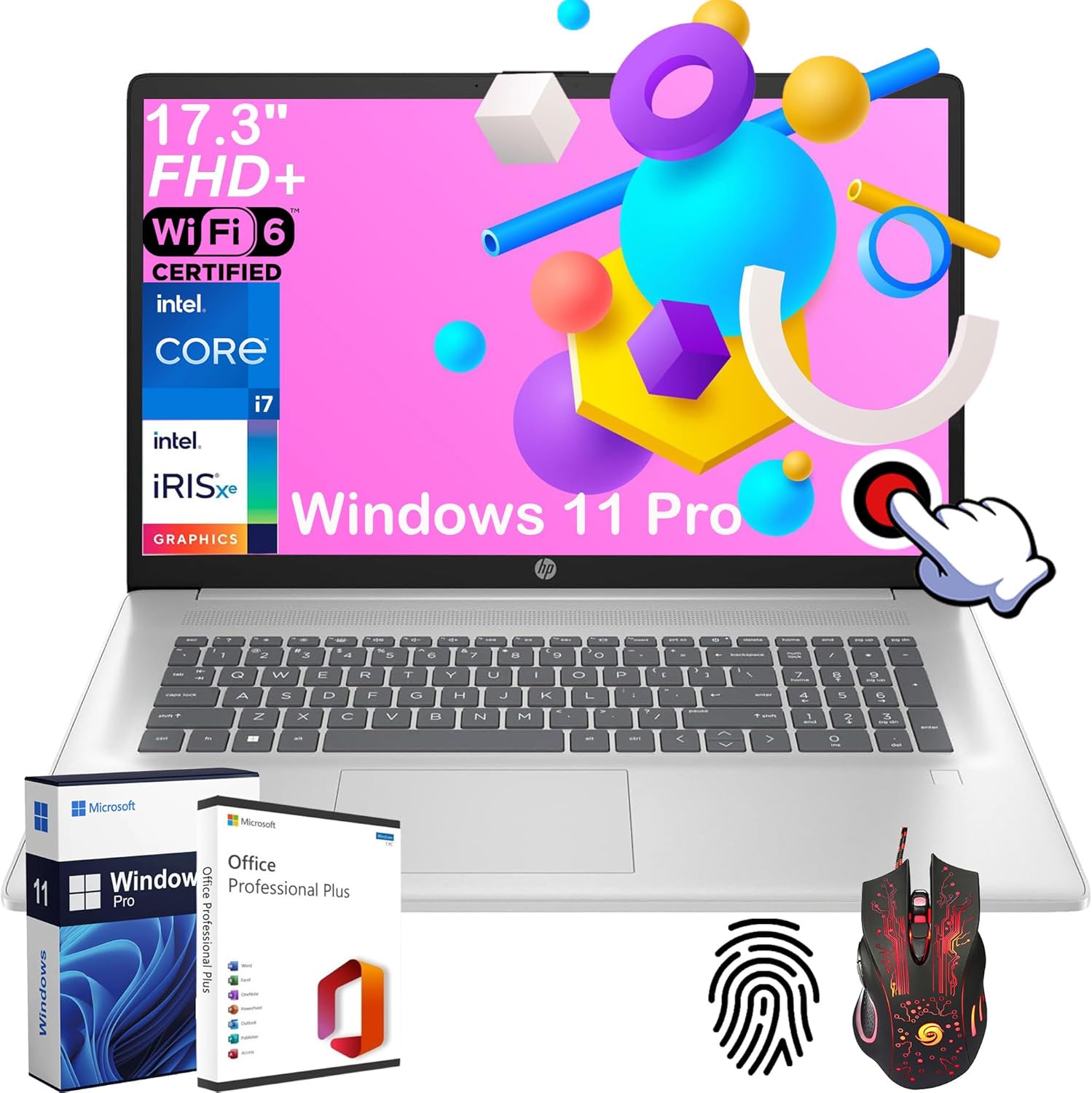 HP 17 Touchscreen Business Laptop - 17.3" HD+ 250 nits Display, Intel 10-Core i7-1355U (up to 5 GHz), Microsoft Office Lifetime License, 64GB RAM, 1TB SSD, WiFi 6, HD Webcam, Windows 11 Pro