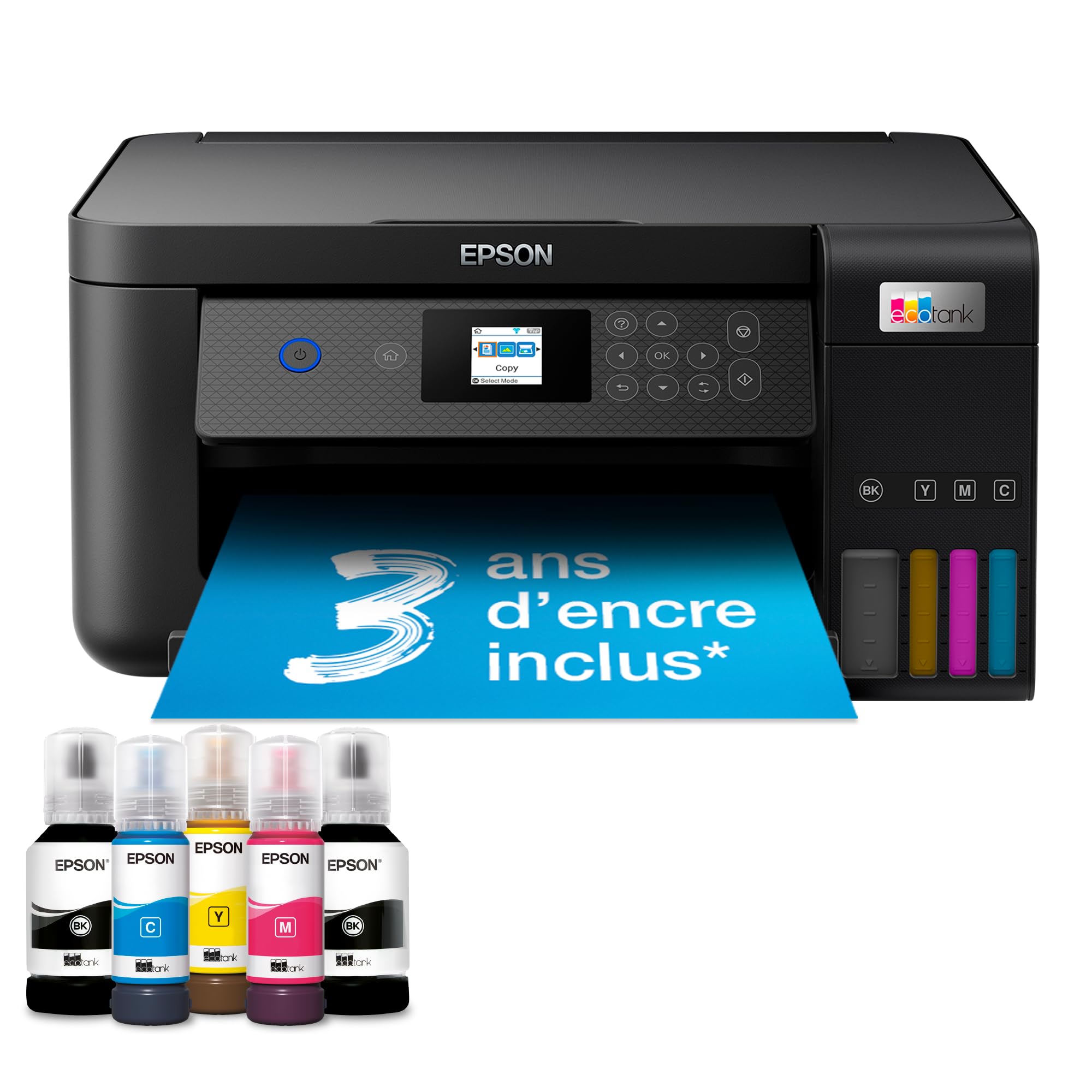 Epson Imprimante EcoTank ET-​2851 avec réservoirs, Multifonction 3-​en-​1: Imprimante recto verso / Scanner / Copieur, A4, Jet d'encre couleur, Wifi Direct, Ecran, Faible coût par page, Compact