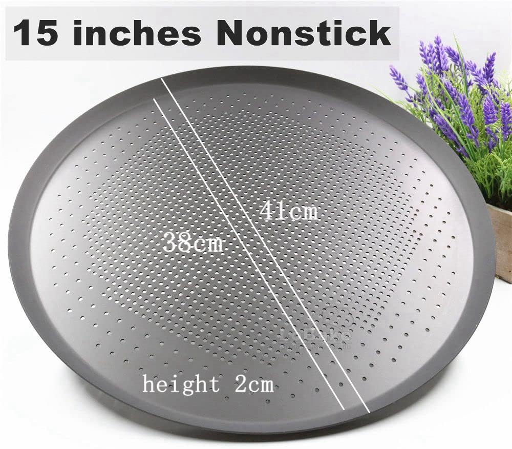 LoBake Various 6.5 to 15 Inches Nonsitck Aluminium Round Pizza Pan Pancake Pie Mold Cheese Plate with Punching Leaky Holes (15 inches nonstick)