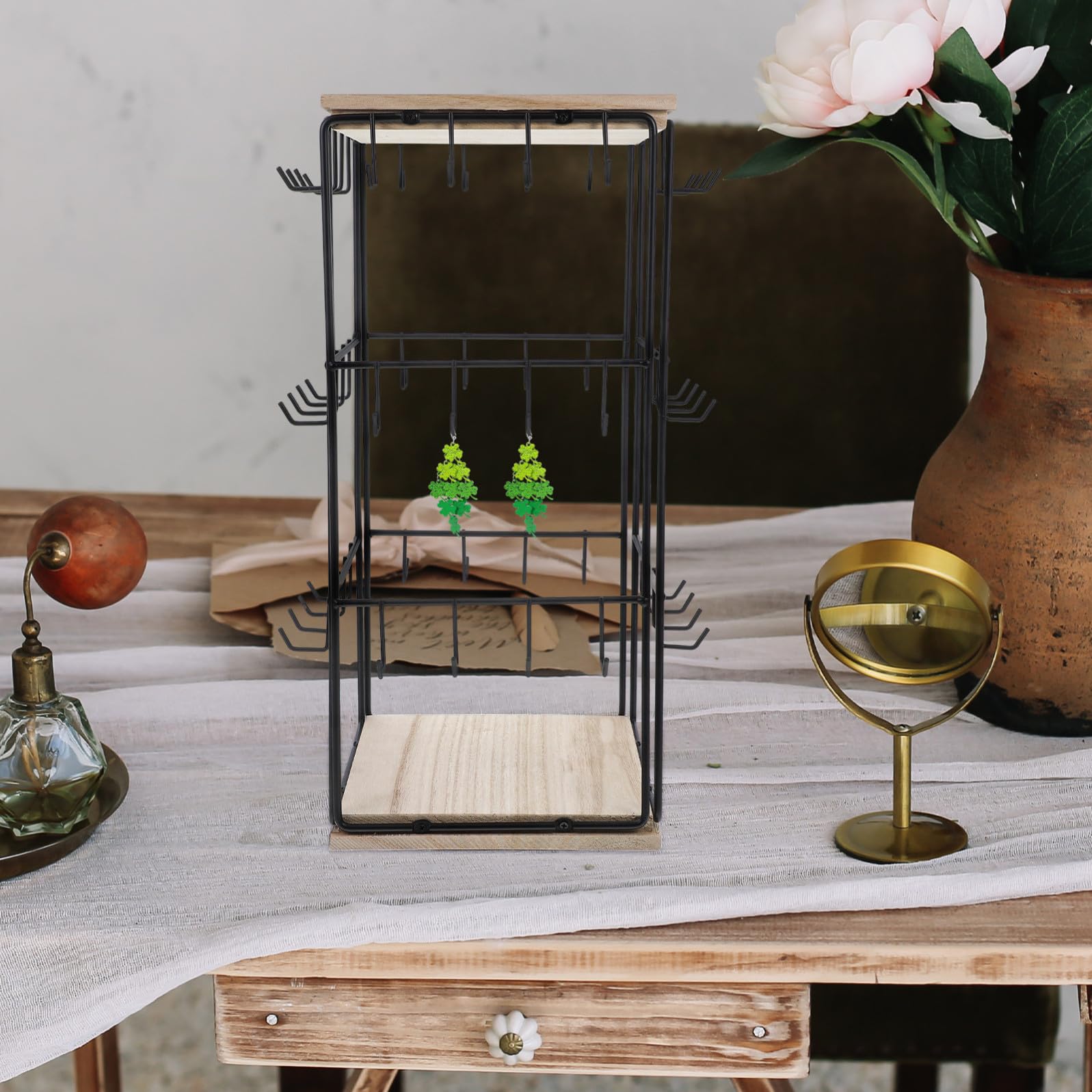 iplusmile Espositore con Ganci a Torre per Orecchini in Legno con Design Rotante 360°, Organizzatutto Multifunzione per Decorazioni Domestiche e Vanità