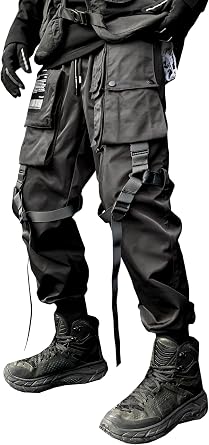 MOKEWEN Mens Patchwork Straps Jogger Harem Cargo Ninth Pants with Big Multi Pockets Elastic Waist