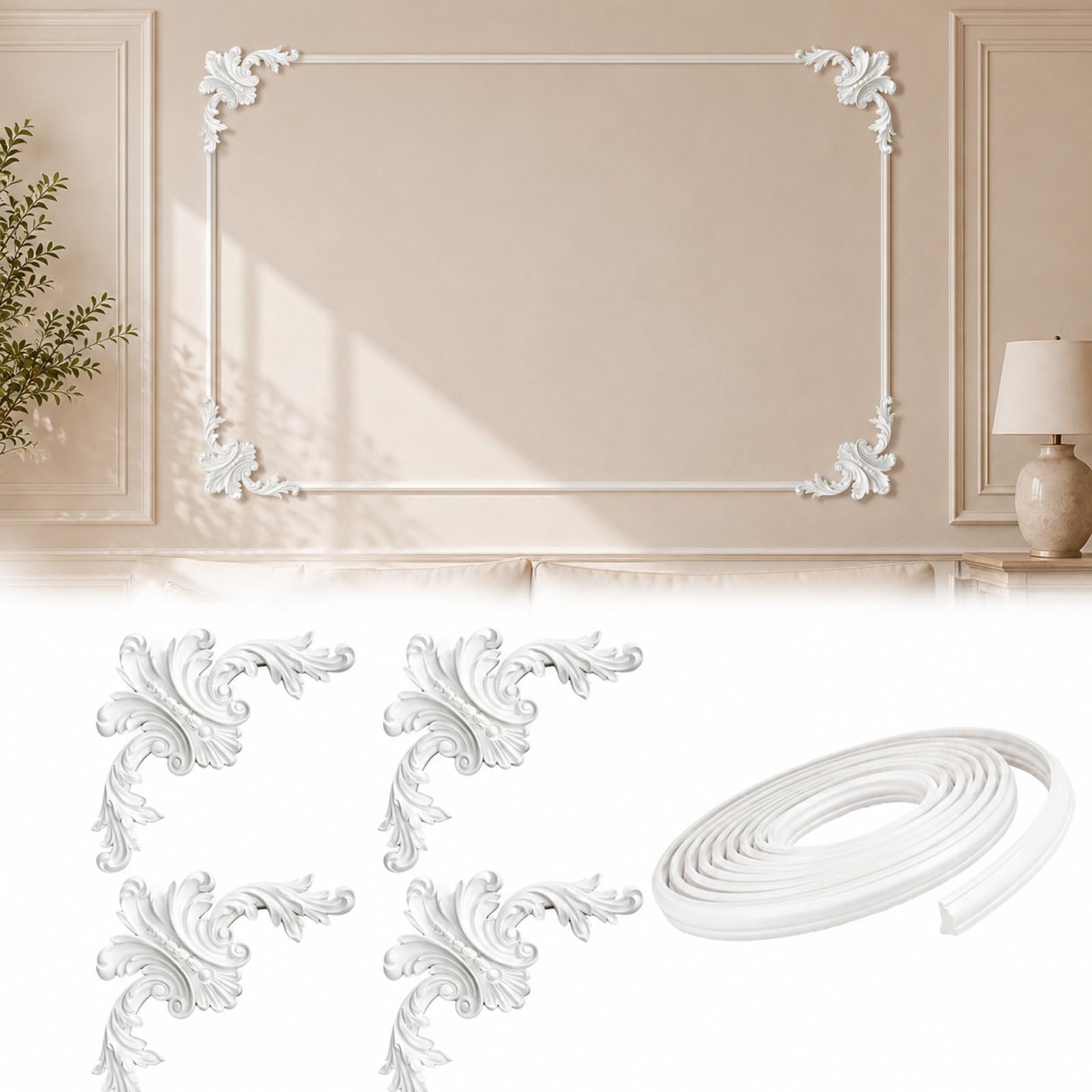 Kit De Molduras Decorativas para Pared Perfil PVC Y 4 Esquineros De PU Style H,10m