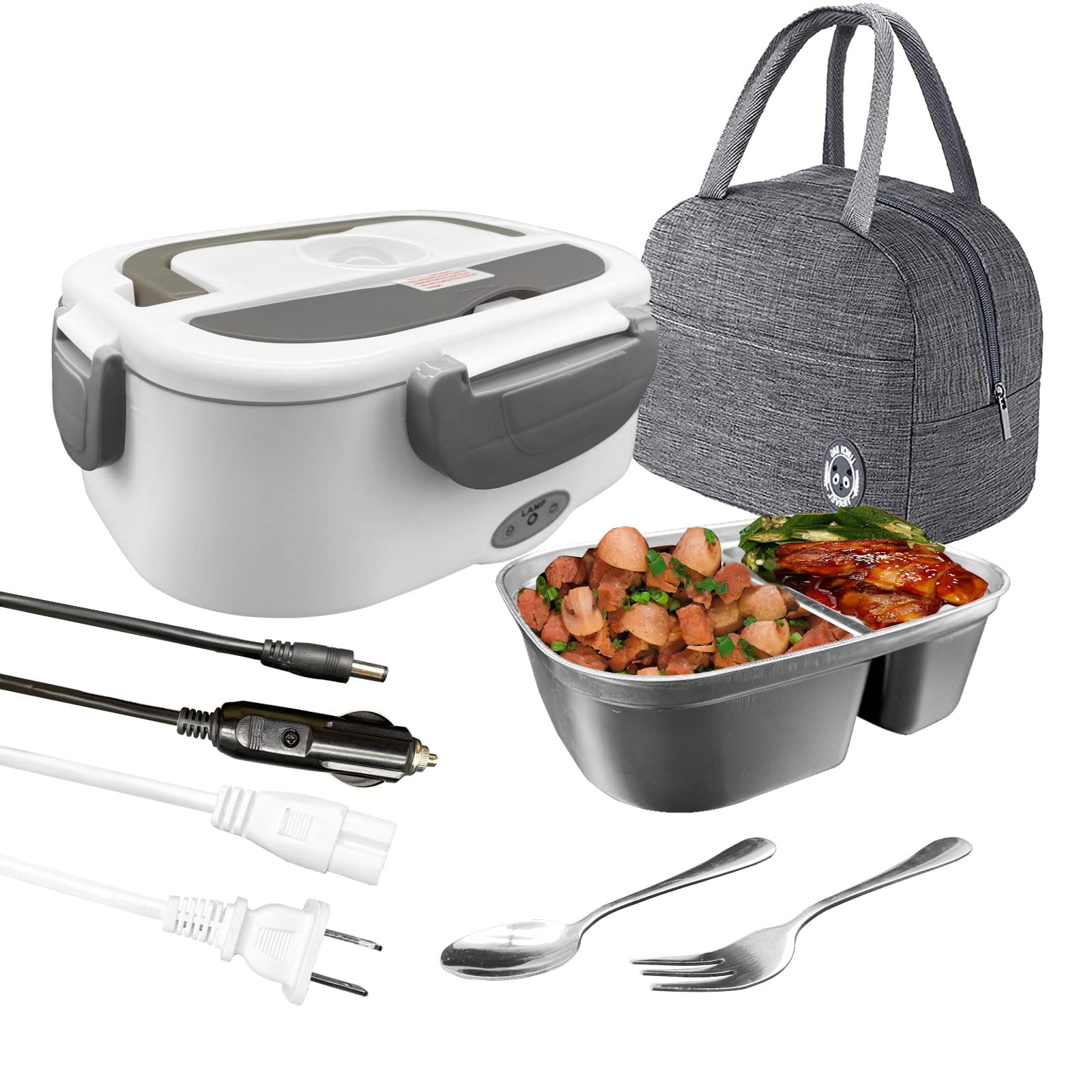Yokgrass Electric Lunch Box Food Heater, 2-Compartment Fast Heating Adults Food Warmer for Car Truck and Home, Protable, Leak Proof, with Stainless Steel Container, Fork, Spoon and Insulation Bag