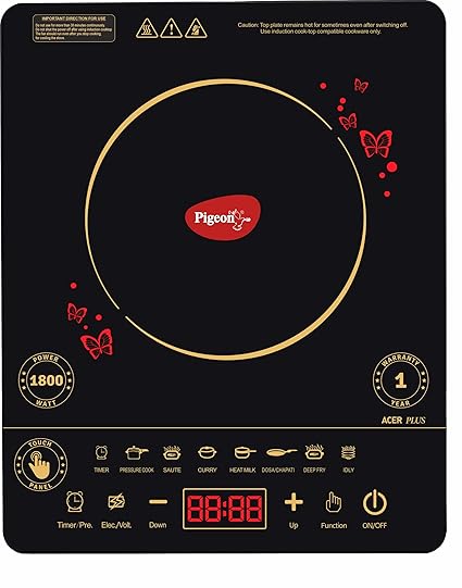 Pigeon By Stovekraft Acer Plus 1800 Watt Induction Cooktop with Fully Touch Control, Induction Stove comes with 8 Preset Menus and Auto-Shut Off BIS Certified (Black)