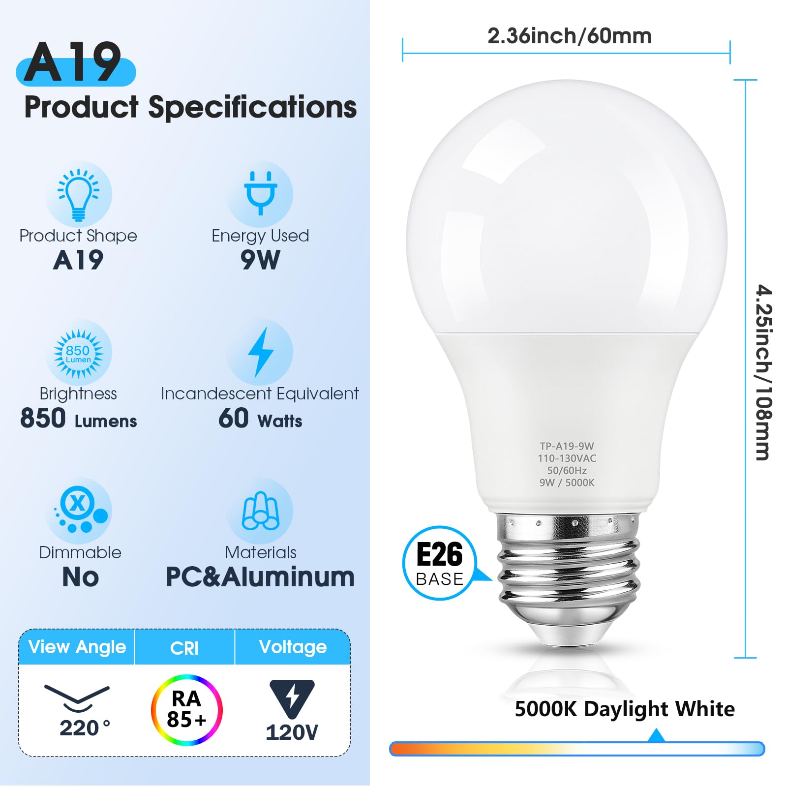 24-Pack A19 LED Light Bulbs 60W Equivalent Daylight White 5000K E26 Base 850 Lumen Non-Dimmable 9W Bright White — view 4
