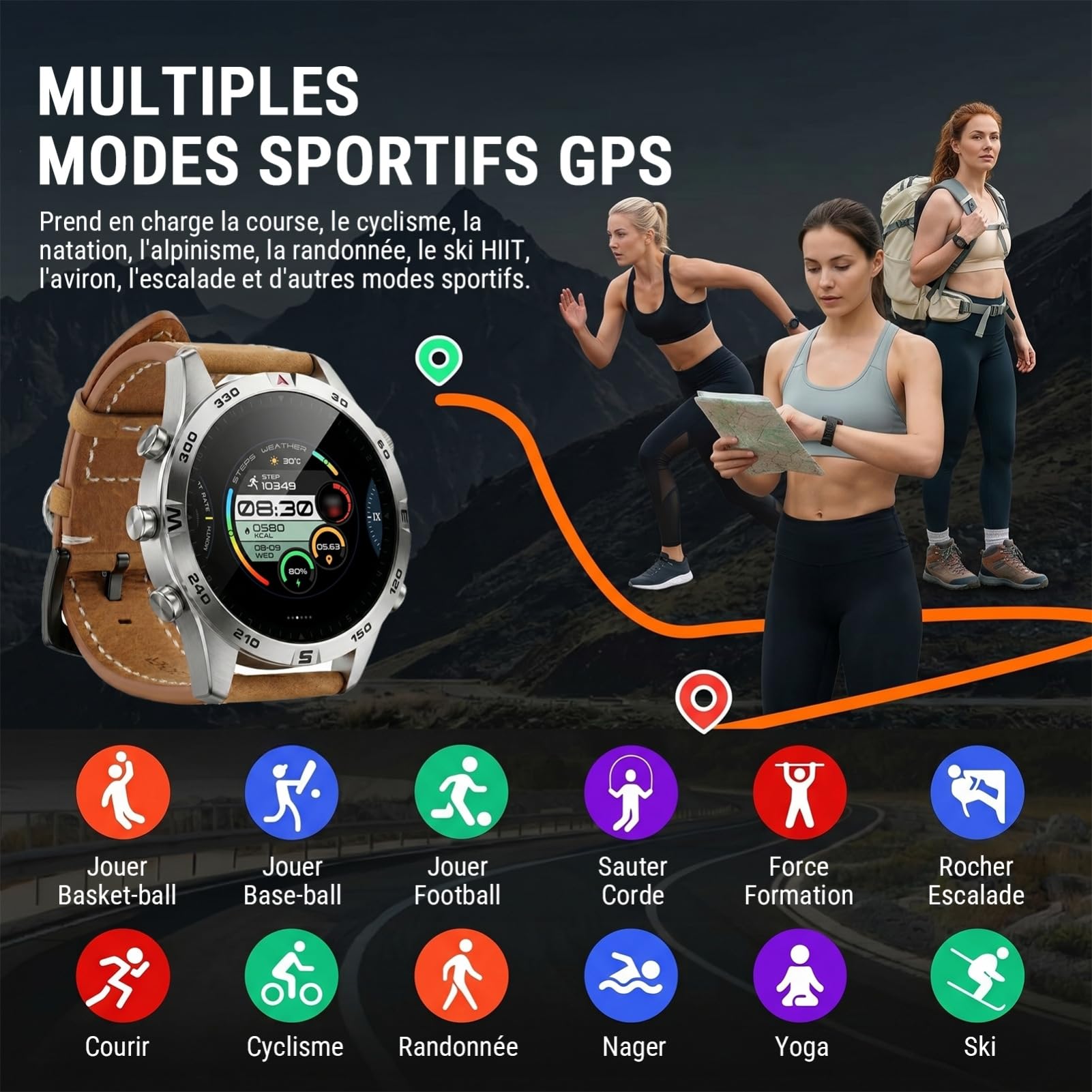 GPS Montre Connectée Homme, AMOLED Écran Tactile 1,43 Pouces Montre Sport G7, Appels Bluetooth, Cartes Hors Ligne, 100+ Modes Sportifs, Boussole, Étanche 5 ATM pour iOS/Android (Cuir Marron)