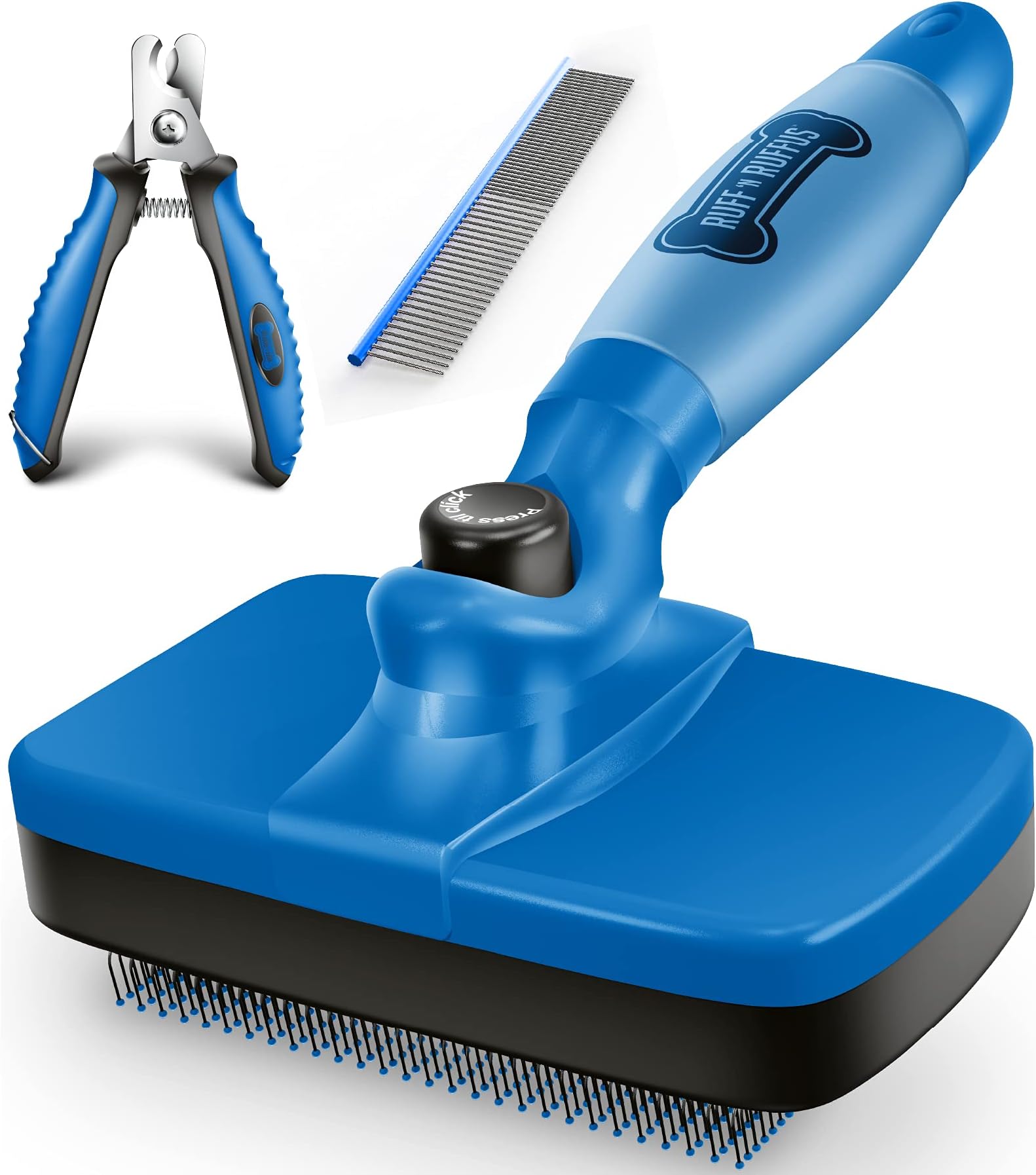 Ruff 'N Ruffus Self-Cleaning Slicker Brush With NO- Pain Bristles Upgraded Gel Handle Gently Removes Loose Undercoat & Tangled Hair For Cats & Dogs Reduces Shedding by 95% + Pet Nail Clipper & Comb