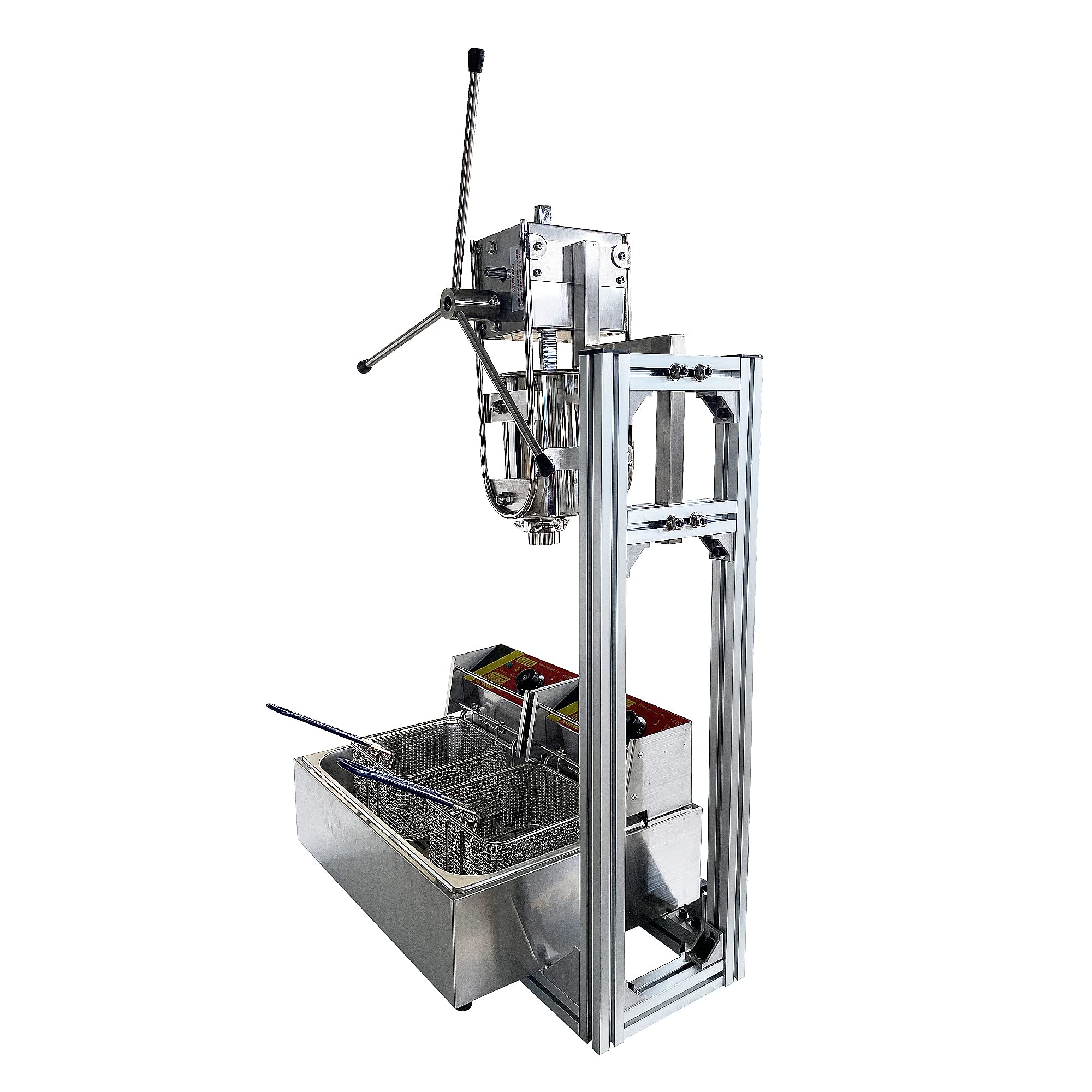 PreAsion Churros Machine, Commercial Churro Maker Machine, Manual Spanish Donuts Churros Fill Machine, 5L Vertical Stainless Steel Churro Filler with 12L 220V Deep Fryer and 5pc Nozzles for Bakeries