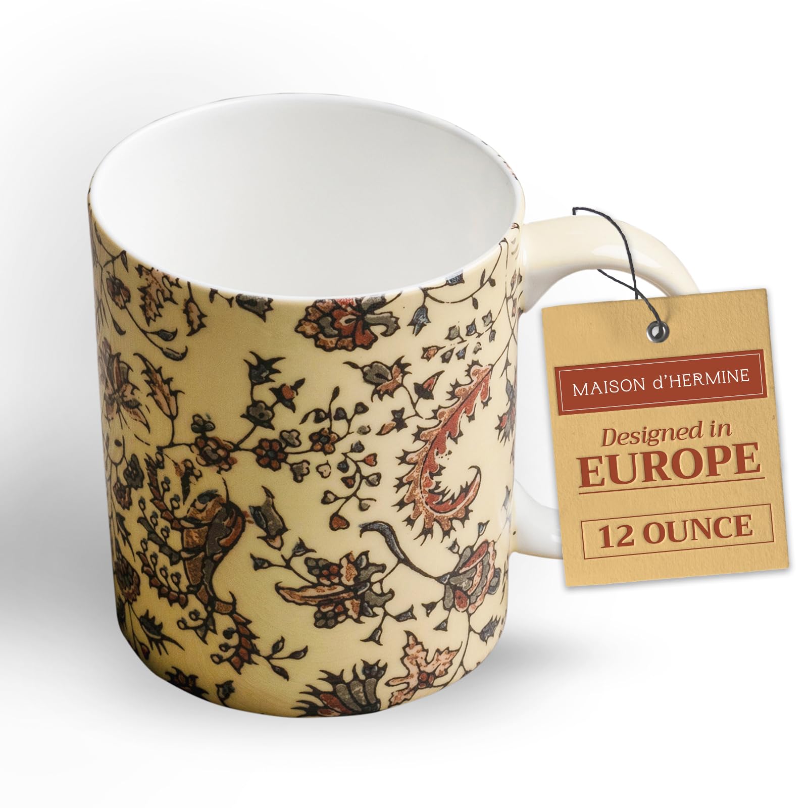 Maison d' Hermine Coffee Mug with Handles Fine Bone China Mugs Pack of One Tea Cups for Hot Beverages Cappuccino Latte Home Restaurant Office Perfect for Gift (Lakshmi - Arum, 12 Ounce)